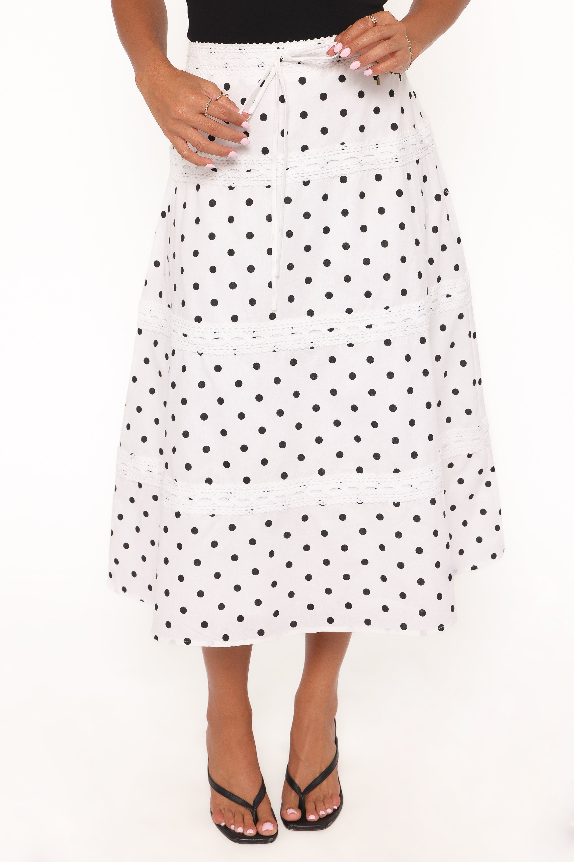 Petal and Pup USA BOTTOMS Lucia Tiered Midi Skirt - White Polka Dot