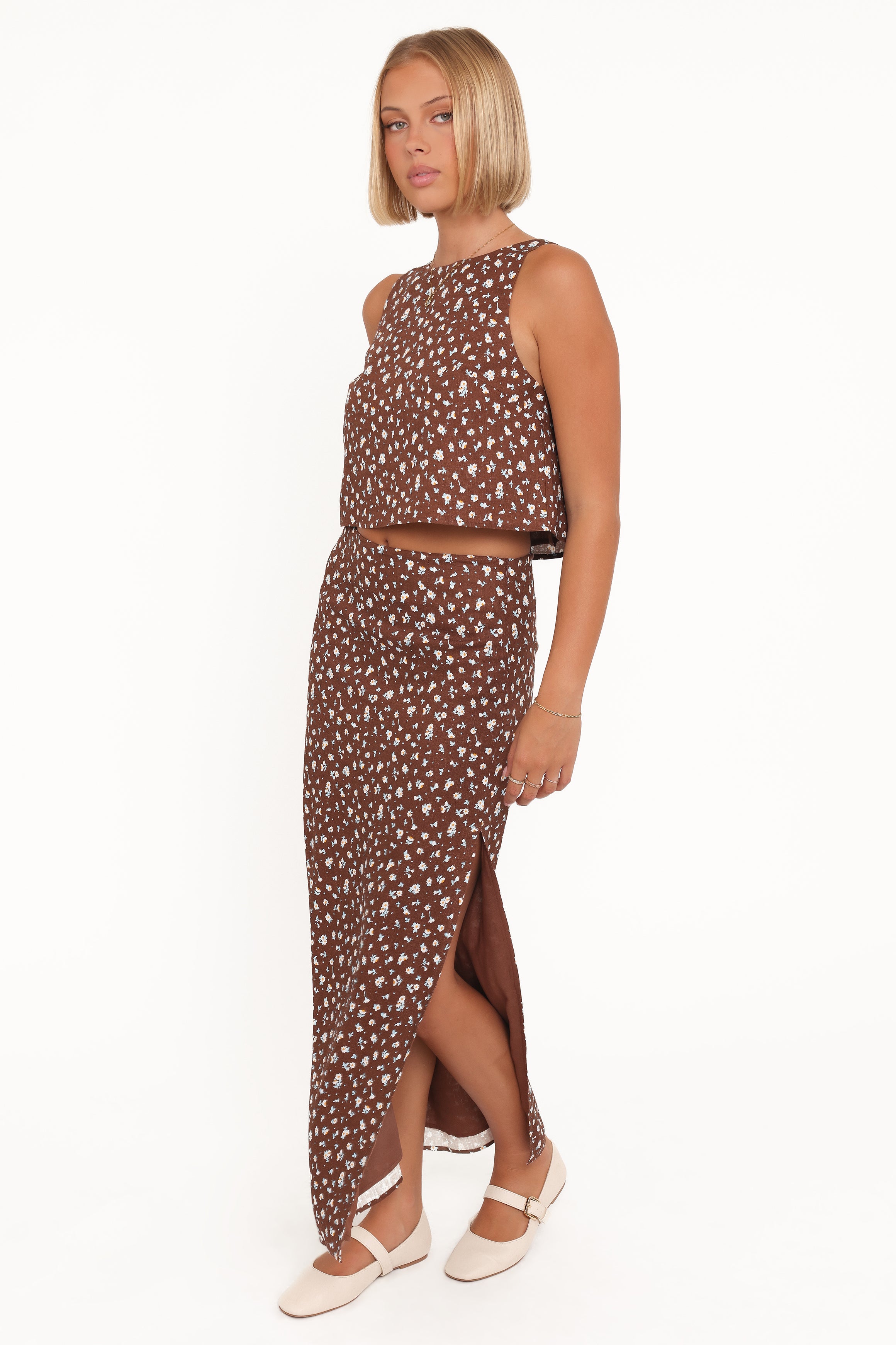 Petal and Pup USA BOTTOMS Madison Linen Column Skirt - Brown Floral