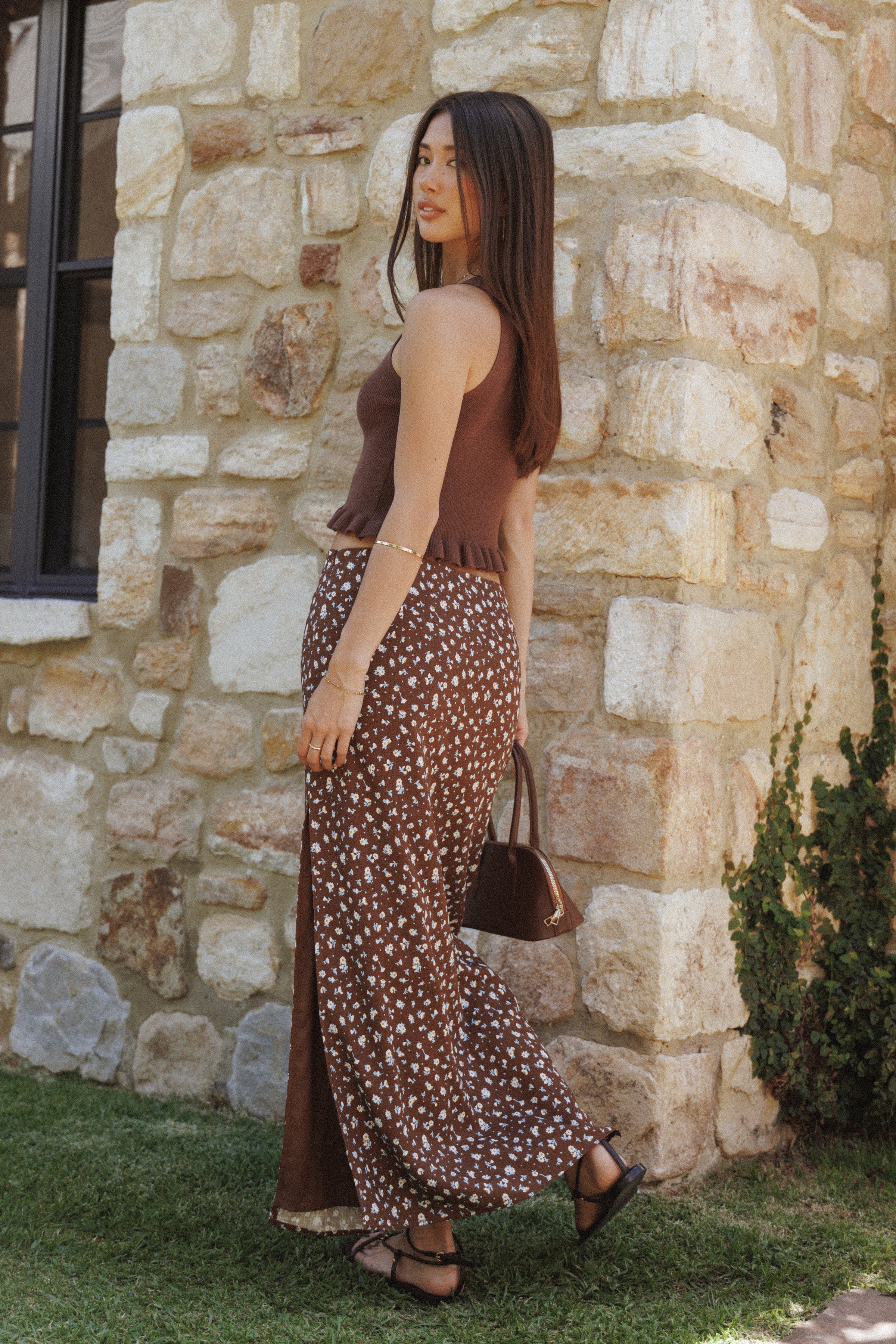 Petal and Pup USA BOTTOMS Madison Linen Column Skirt - Brown Floral