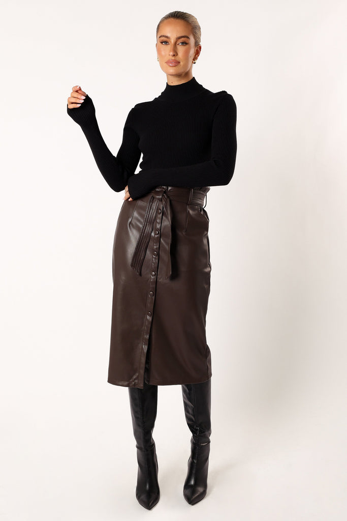 Meghan Faux Leather Midi Skirt - Chocolate - Petal & Pup USA