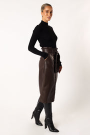 Petal and Pup USA BOTTOMS Meghan Faux Leather Midi Skirt - Chocolate