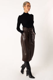 Petal and Pup USA BOTTOMS Meghan Faux Leather Midi Skirt - Chocolate