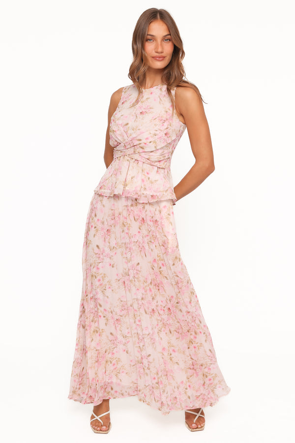 Petal and Pup USA BOTTOMS Mena Pleated Maxi Skirt - Blurred Pink Floral