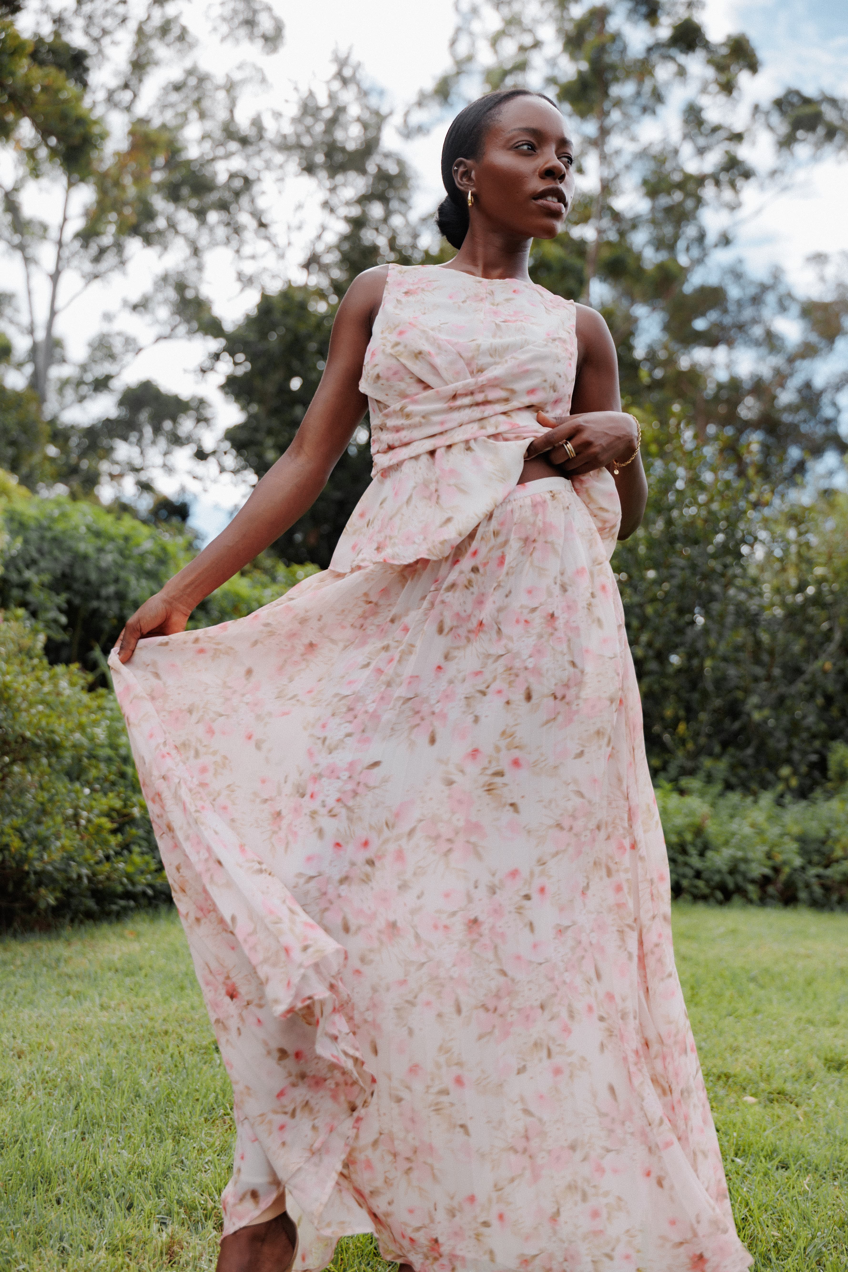 Petal and Pup USA BOTTOMS Mena Pleated Maxi Skirt - Blurred Pink Floral