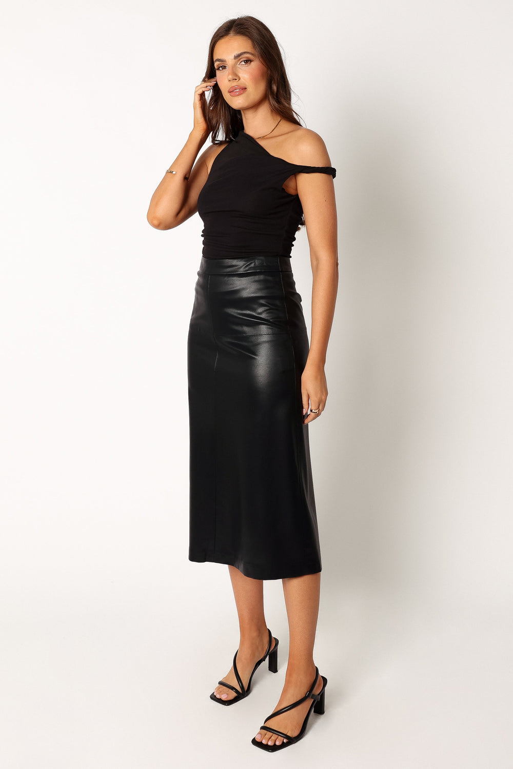 Petal and Pup USA BOTTOMS Miller Faux Leather Midi Skirt - Black