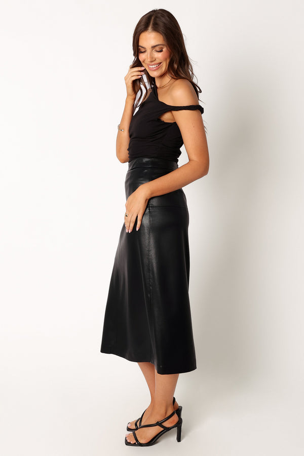 Petal and Pup USA BOTTOMS Miller Faux Leather Midi Skirt - Black