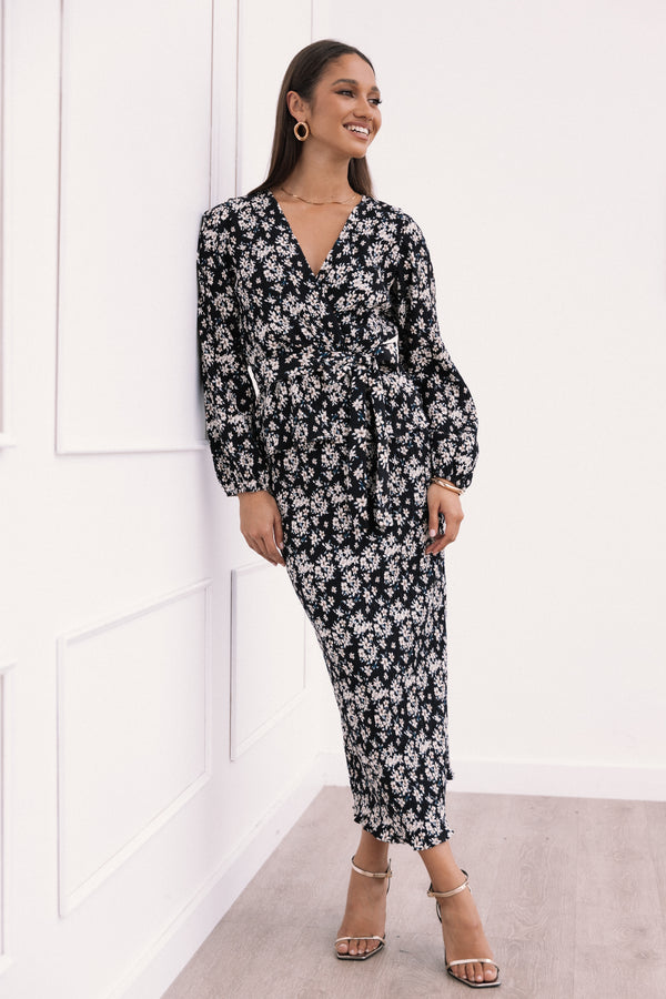 Petal and Pup USA BOTTOMS Minelli Pleat Midi Skirt - Black/White Floral