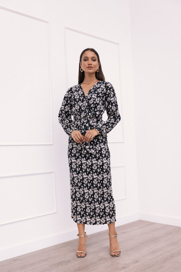 Petal and Pup USA BOTTOMS Minelli Pleat Midi Skirt - Black/White Floral