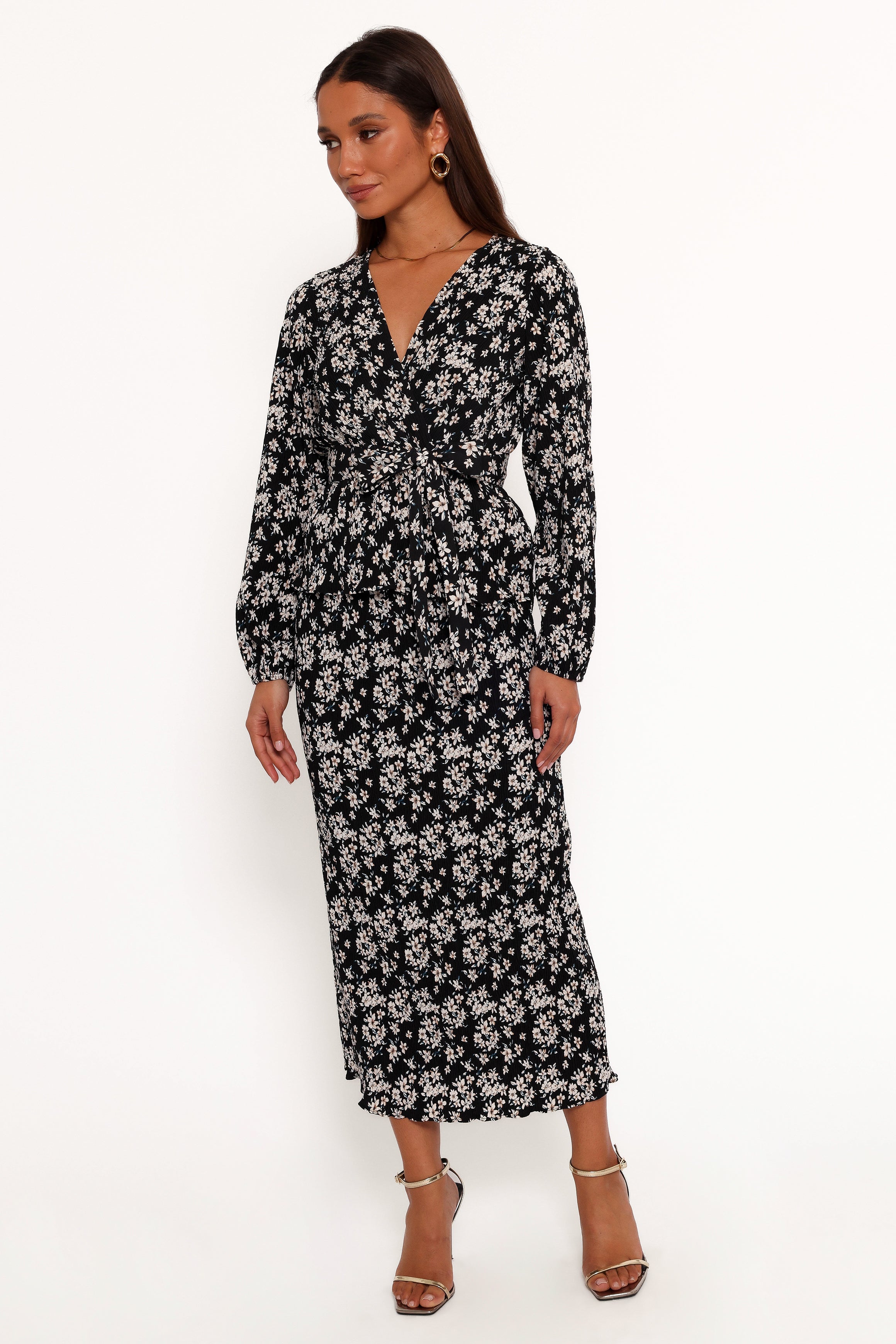 Petal and Pup USA BOTTOMS Minelli Pleat Midi Skirt - Black/White Floral