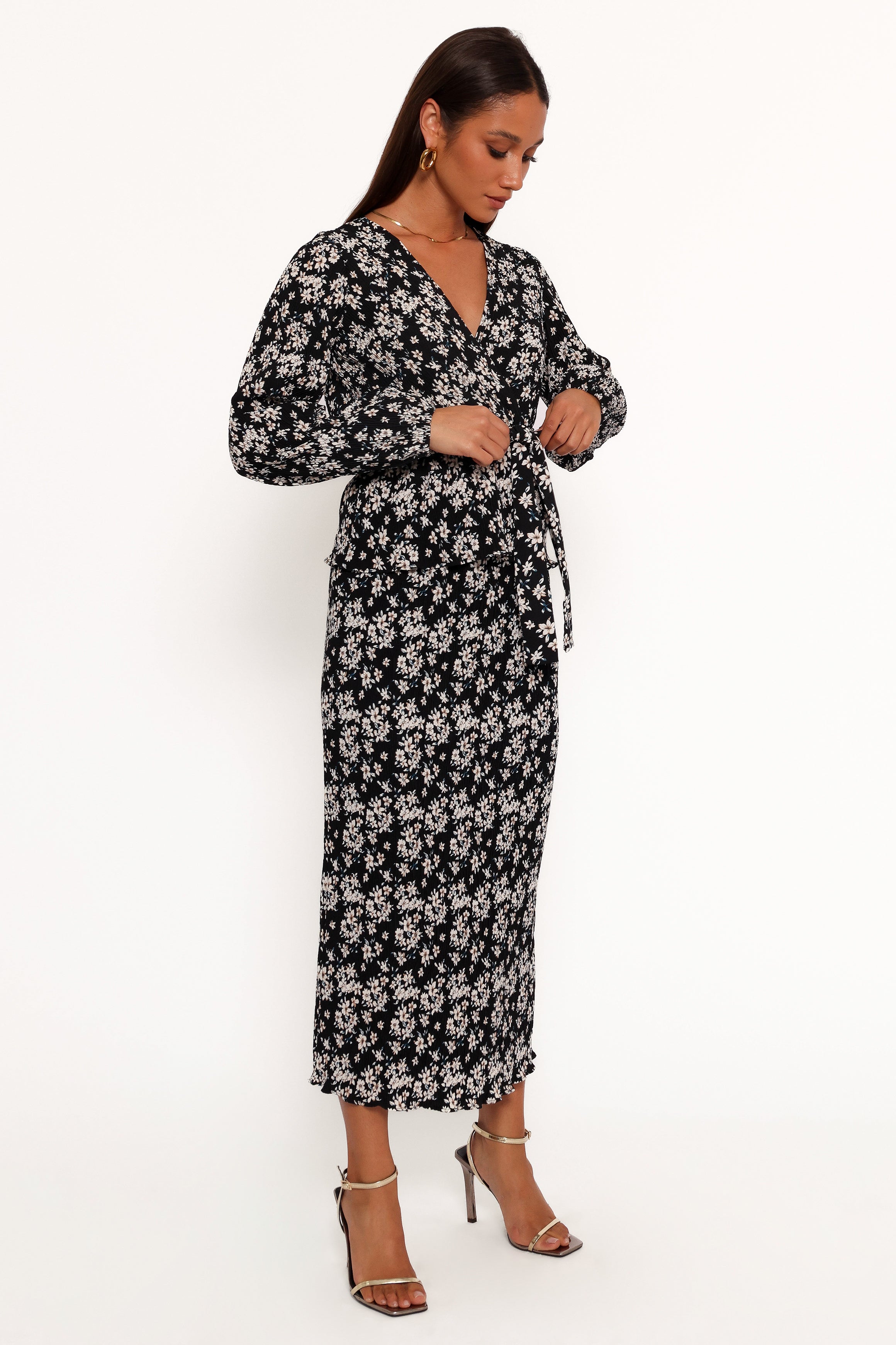 Petal and Pup USA BOTTOMS Minelli Pleat Midi Skirt - Black/White Floral