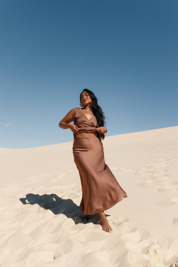 Petal and Pup USA BOTTOMS Nellie Satin Midi Skirt - Banksia Brown