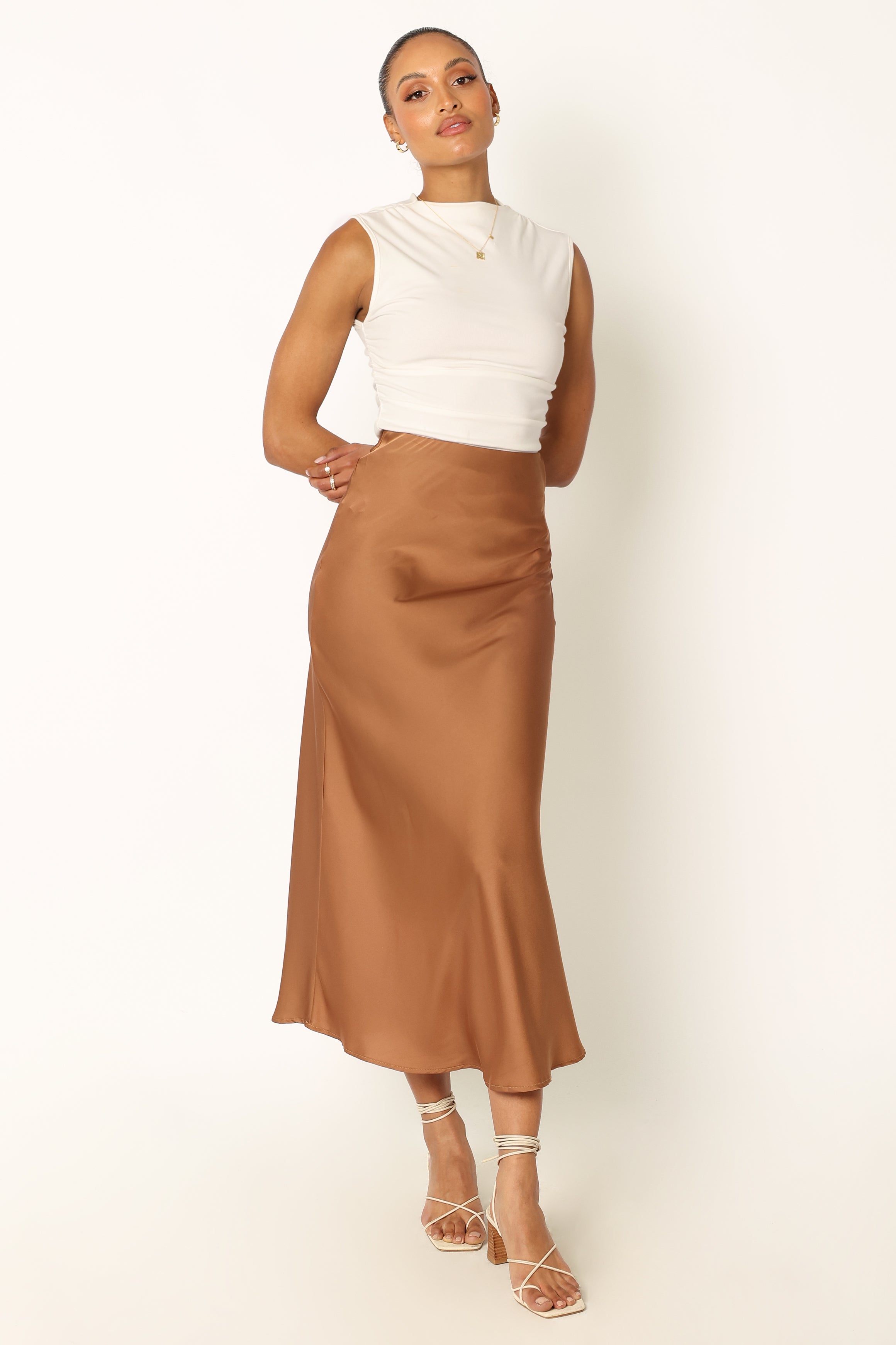 Petal and Pup USA BOTTOMS Nellie Satin Midi Skirt - Bronze
