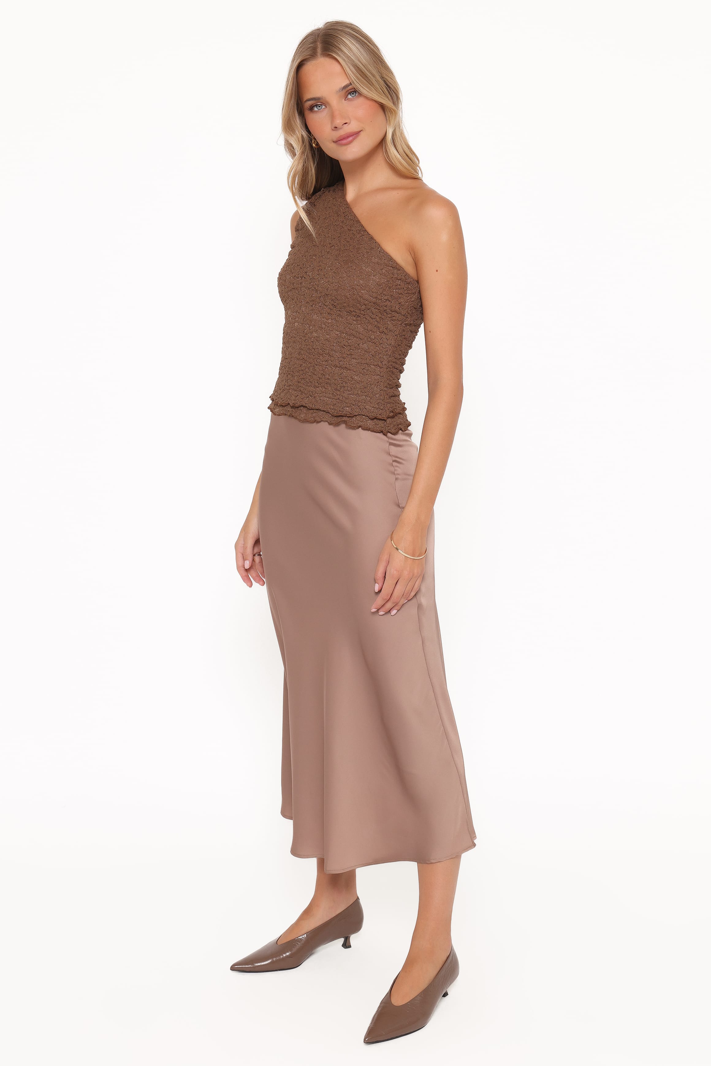 Petal and Pup USA BOTTOMS Nellie Satin Midi Skirt - Mocha Brown
