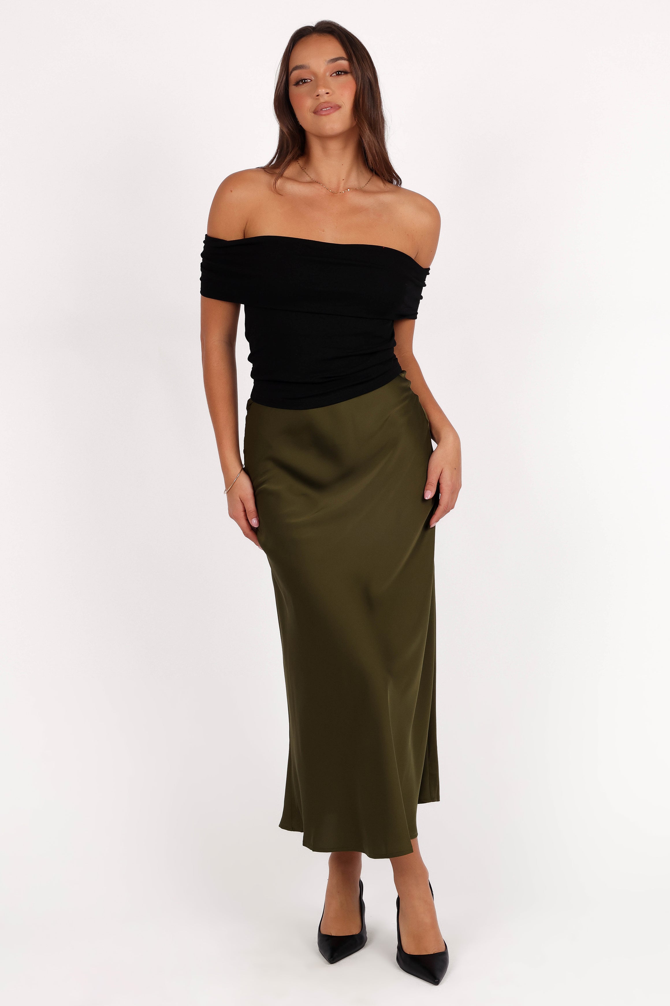 Petal and Pup USA BOTTOMS Nellie Satin Midi Skirt - Olive