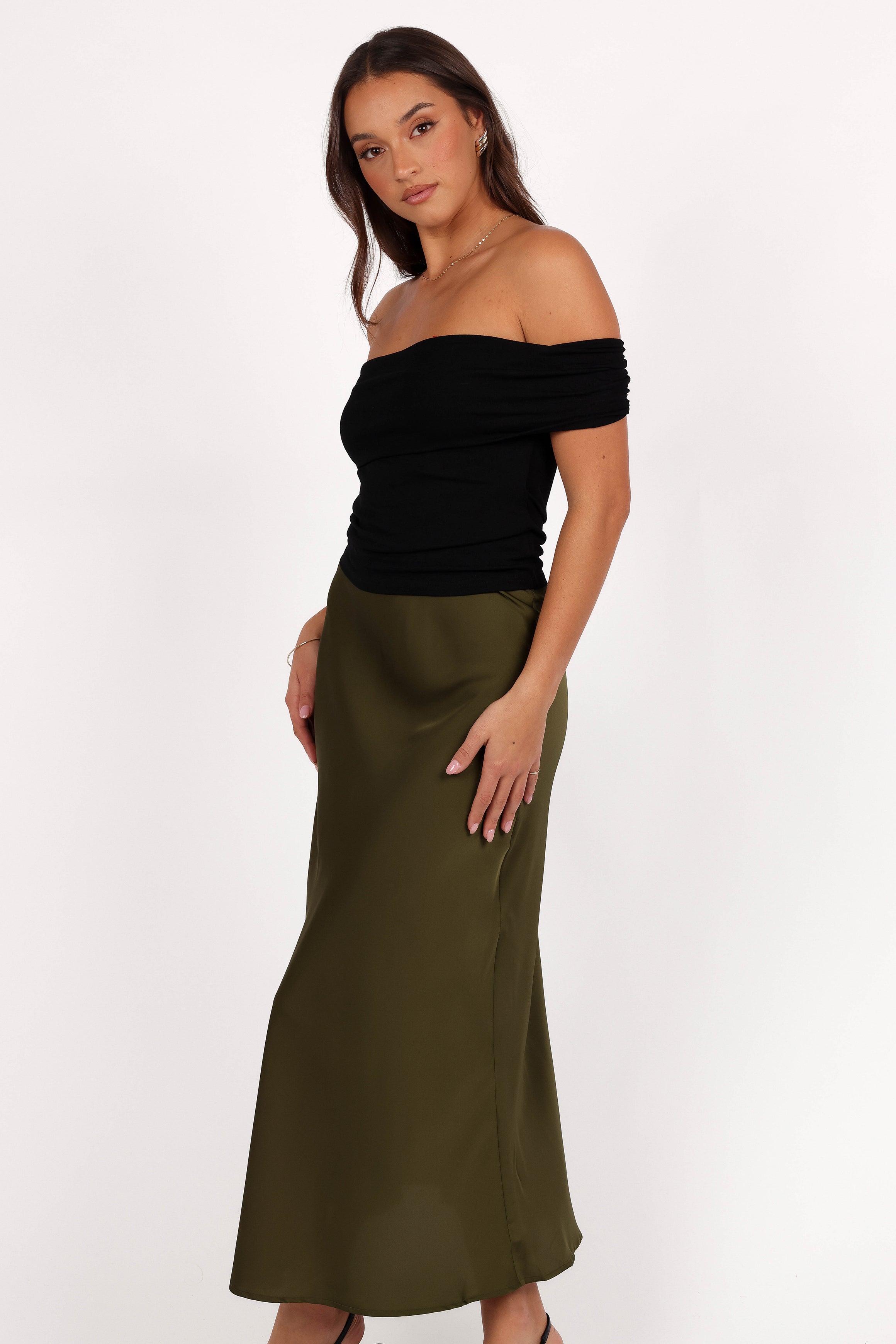 Petal and Pup USA BOTTOMS Nellie Satin Midi Skirt - Olive