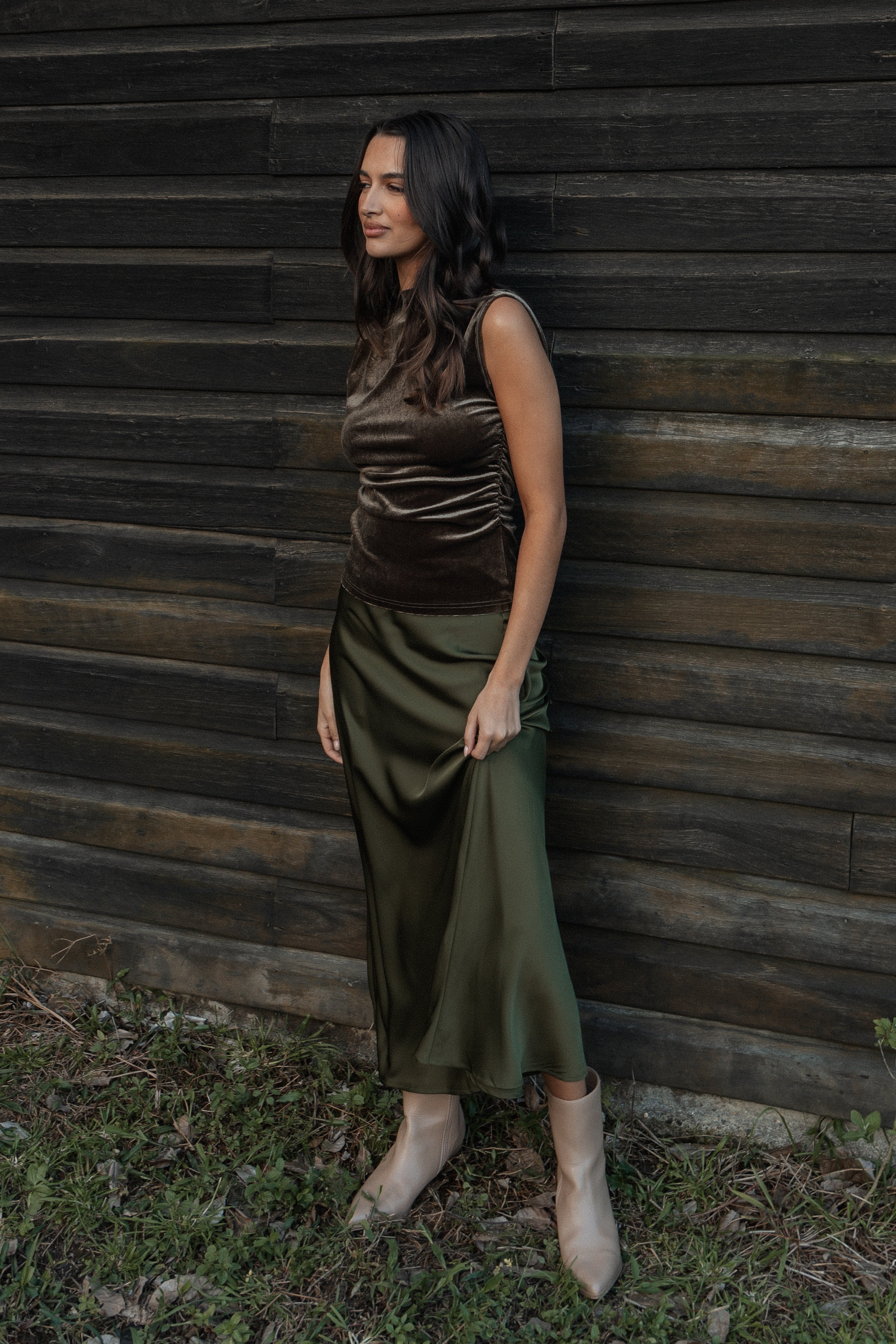 Petal and Pup USA BOTTOMS Nellie Satin Midi Skirt - Olive