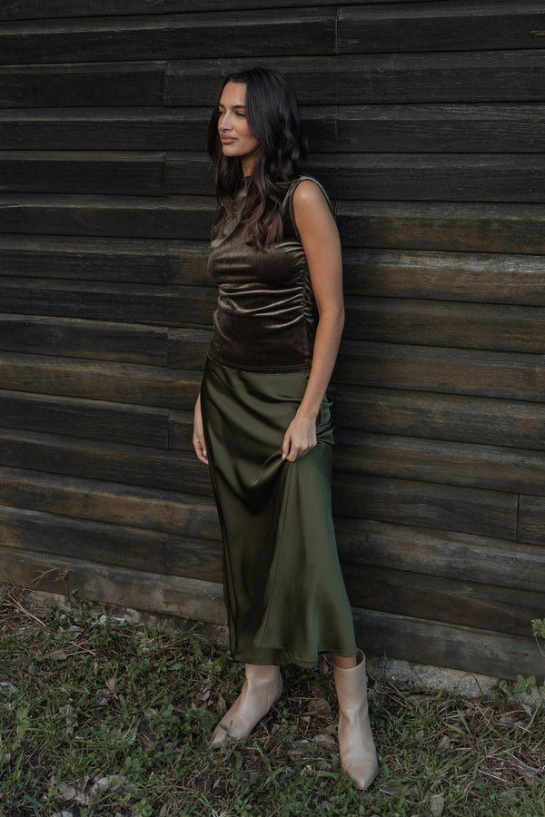 Petal and Pup USA BOTTOMS Nellie Satin Midi Skirt - Olive