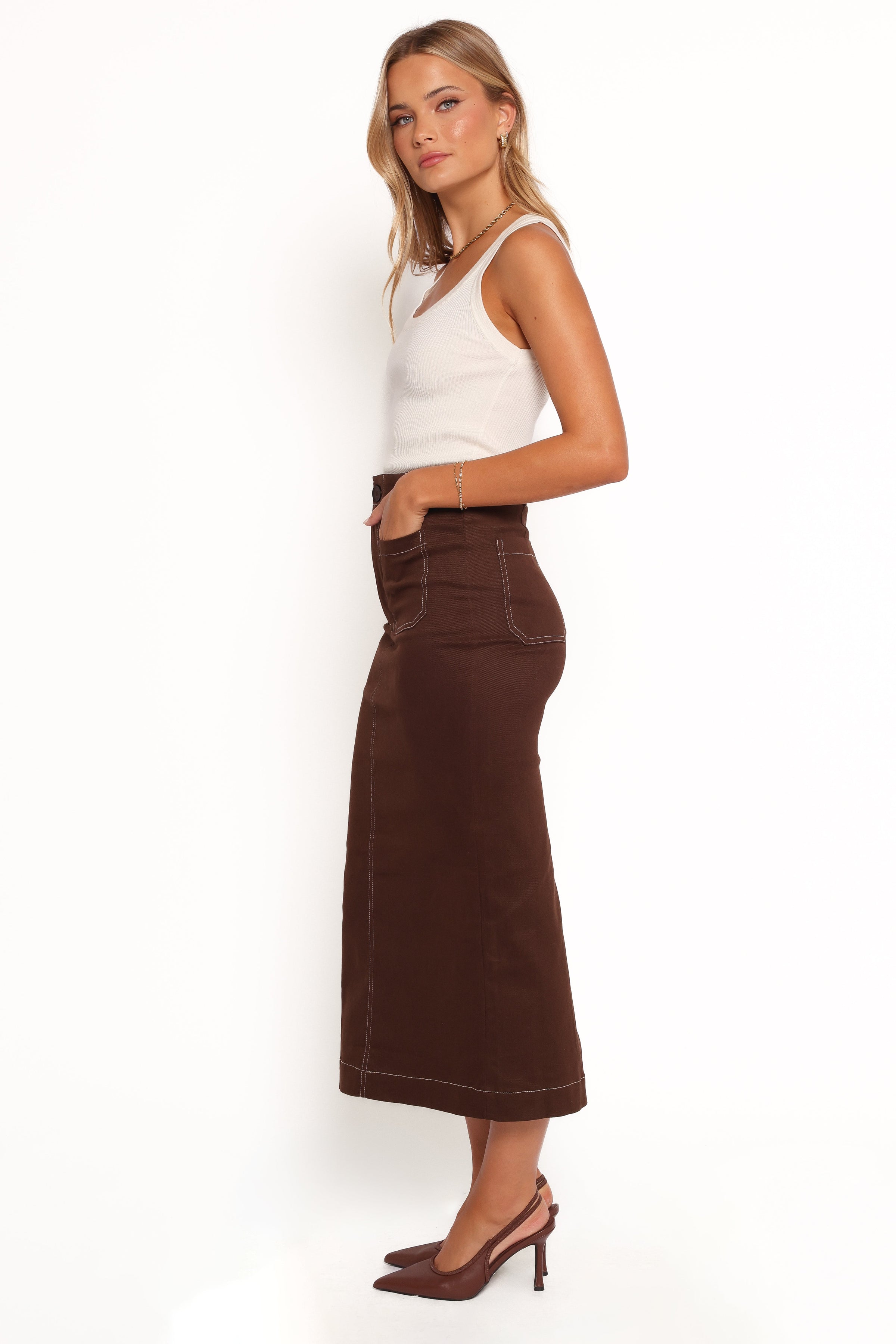 Petal and Pup USA BOTTOMS Nikko Midi Skirt - Chocolate Brown