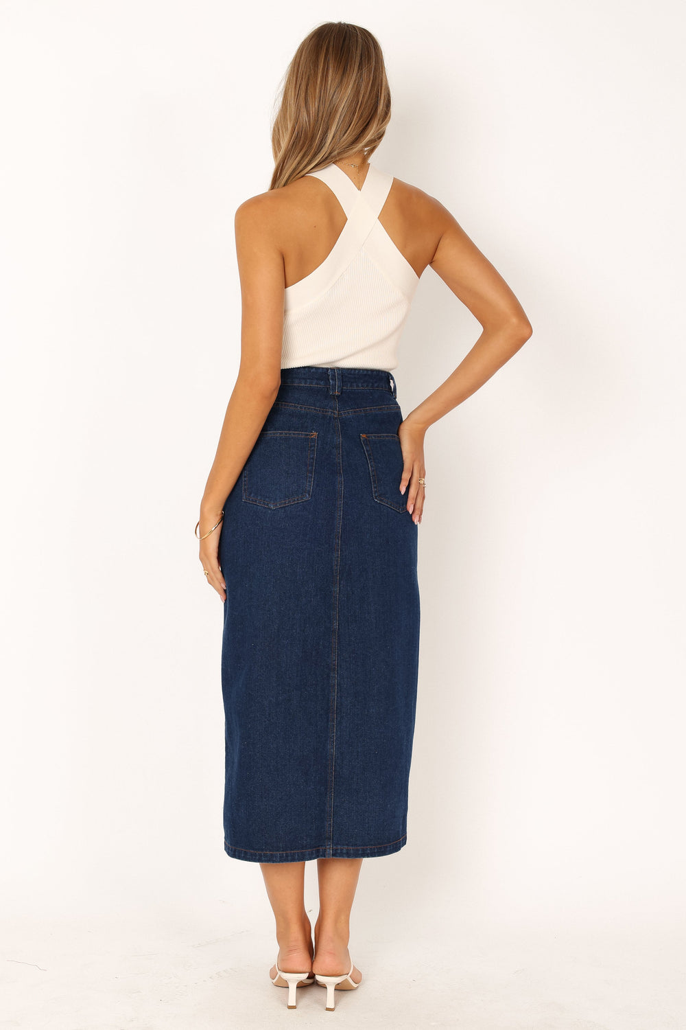 VINTAGE JEAN Skirt/midi Length Jean Skirt/recycled Jeans Skirt/dark Denim  /paint Stained Denim/vintage Denim/fab208nyc/fab208/boho Denim 