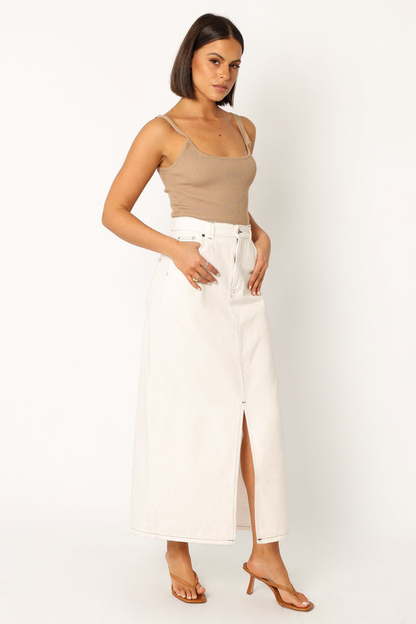 Petal and Pup USA BOTTOMS Rana Denim Midi Skirt - White