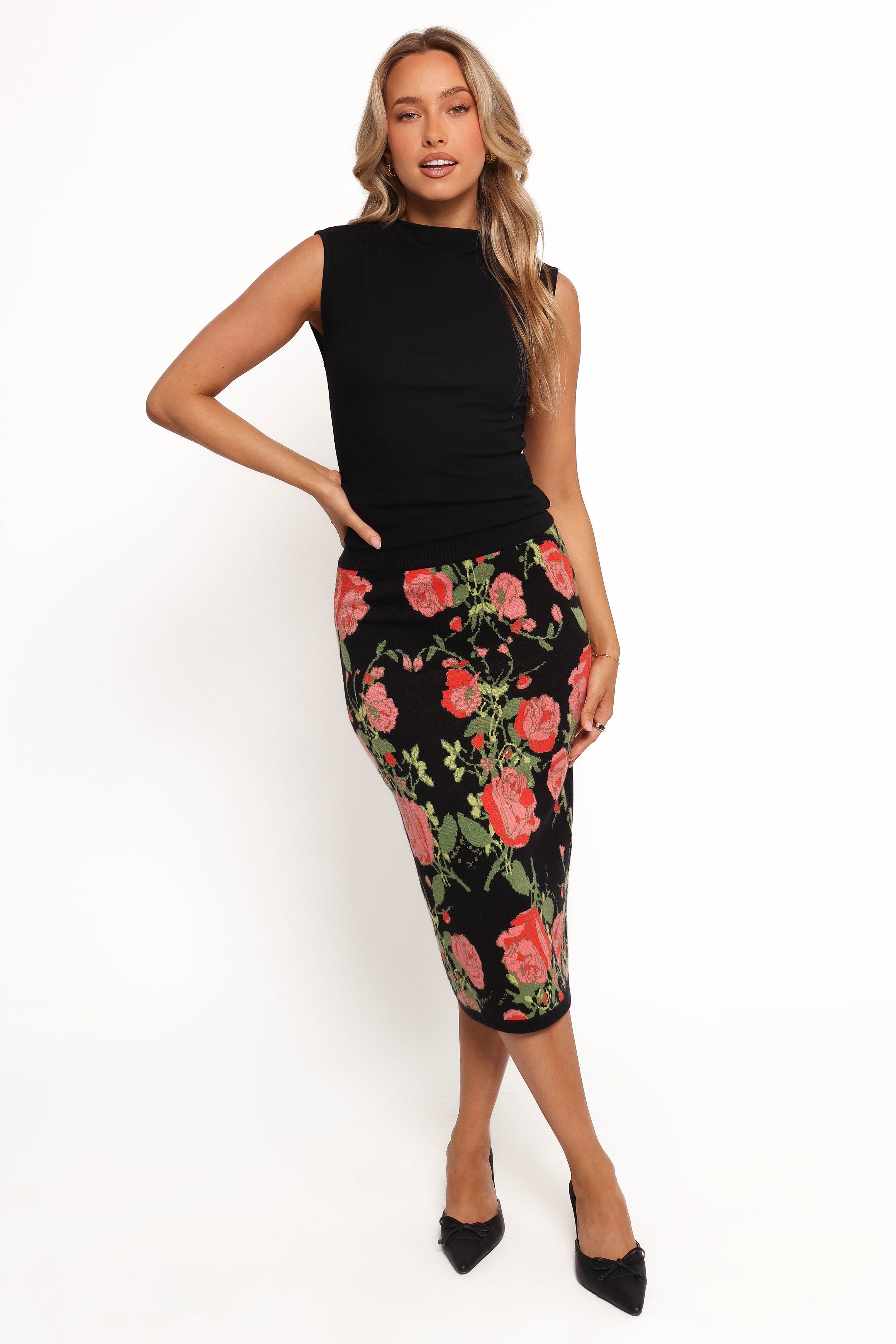 Petal and Pup USA BOTTOMS Reeva Knit Skirt - Black Floral