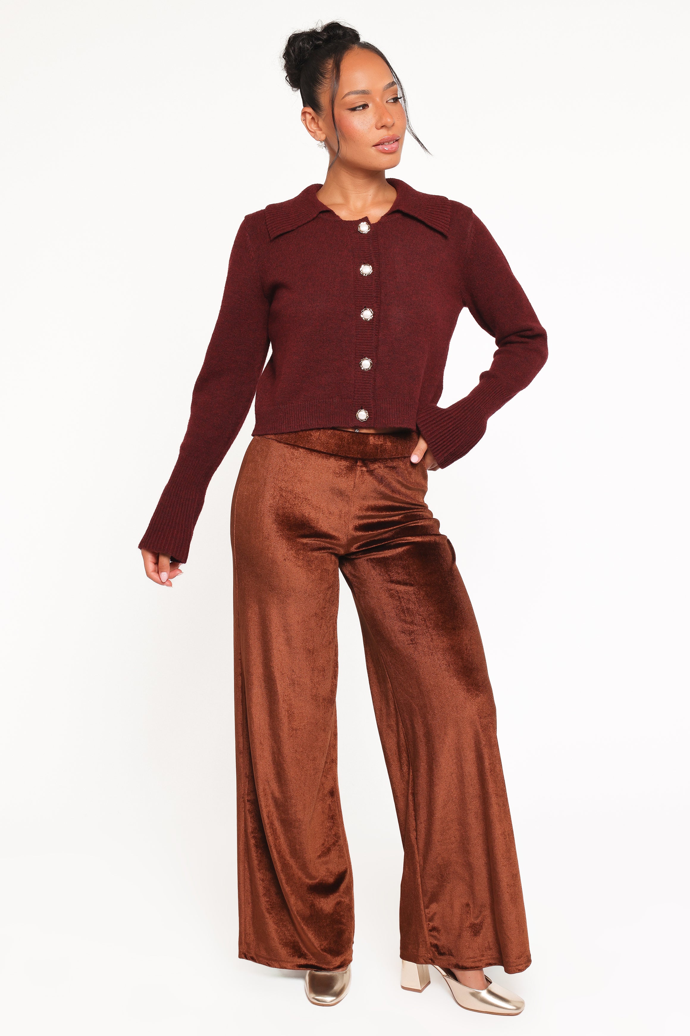 Petal and Pup USA BOTTOMS Riley Stretch Velvet Pant - Chocolate
