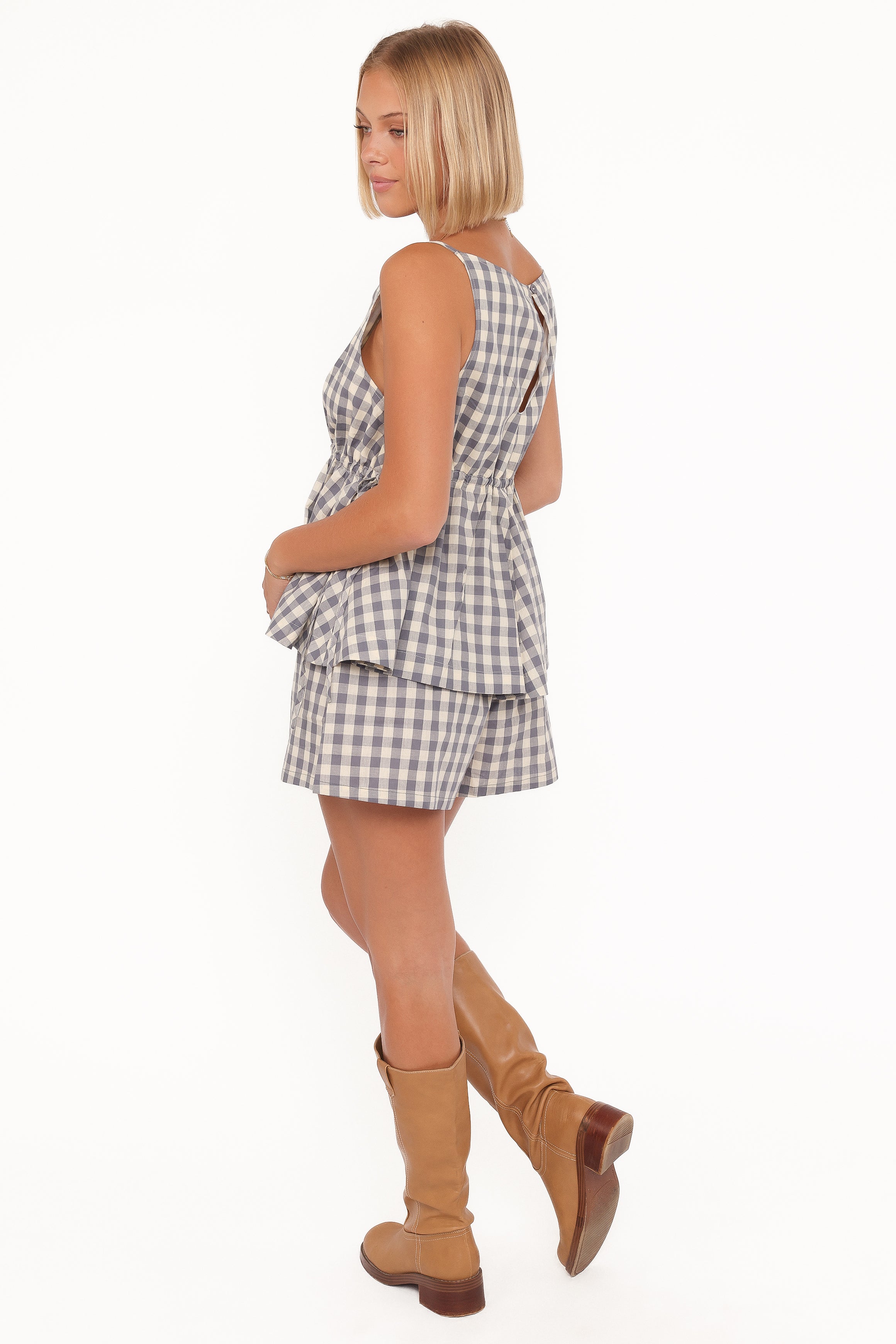 Petal and Pup USA BOTTOMS Rory Shorts - Slate Blue Gingham