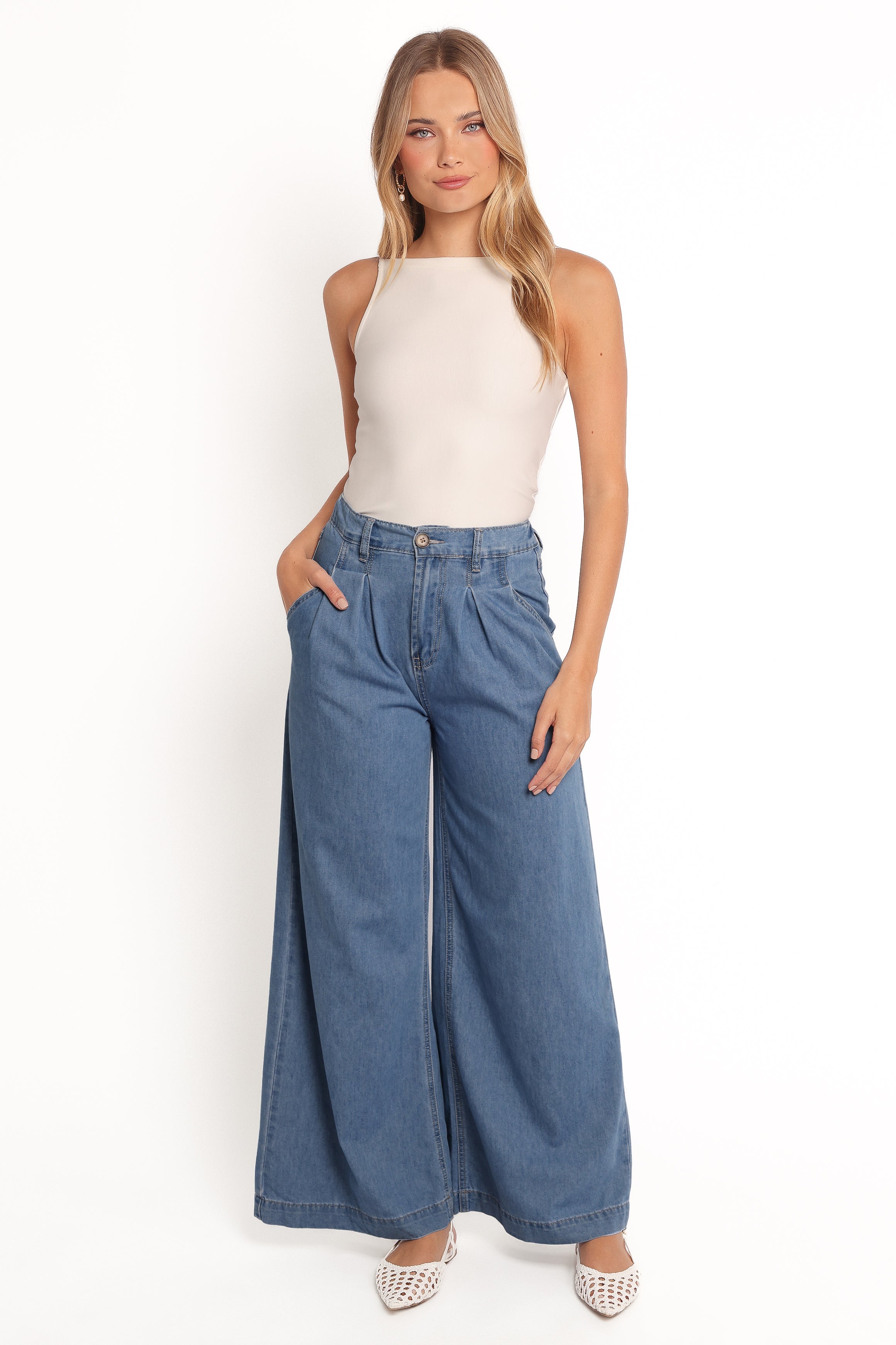 Petal and Pup USA BOTTOMS Rosalee Chambray Wide Leg Pant - Medium Denim