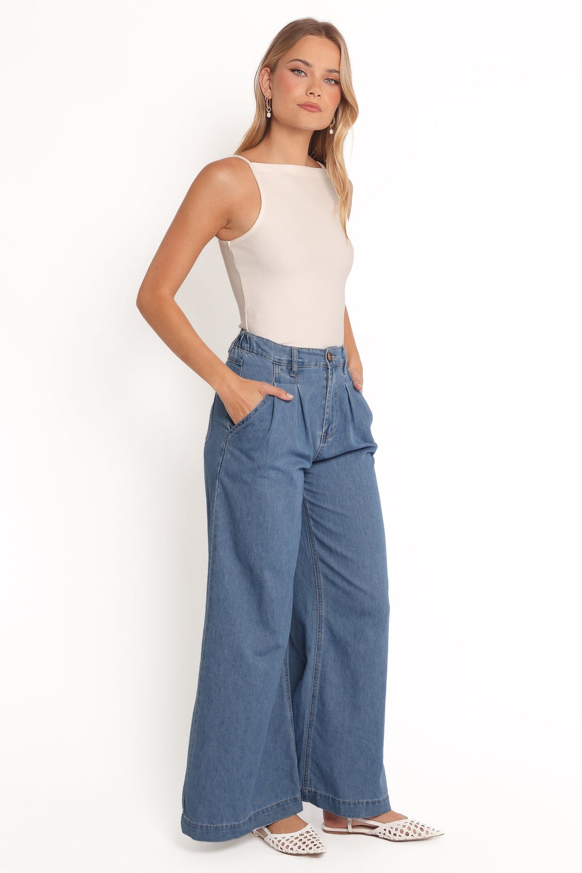Rosalee Chambray Wide Leg Pant - Medium Denim | Petal & Pup USA