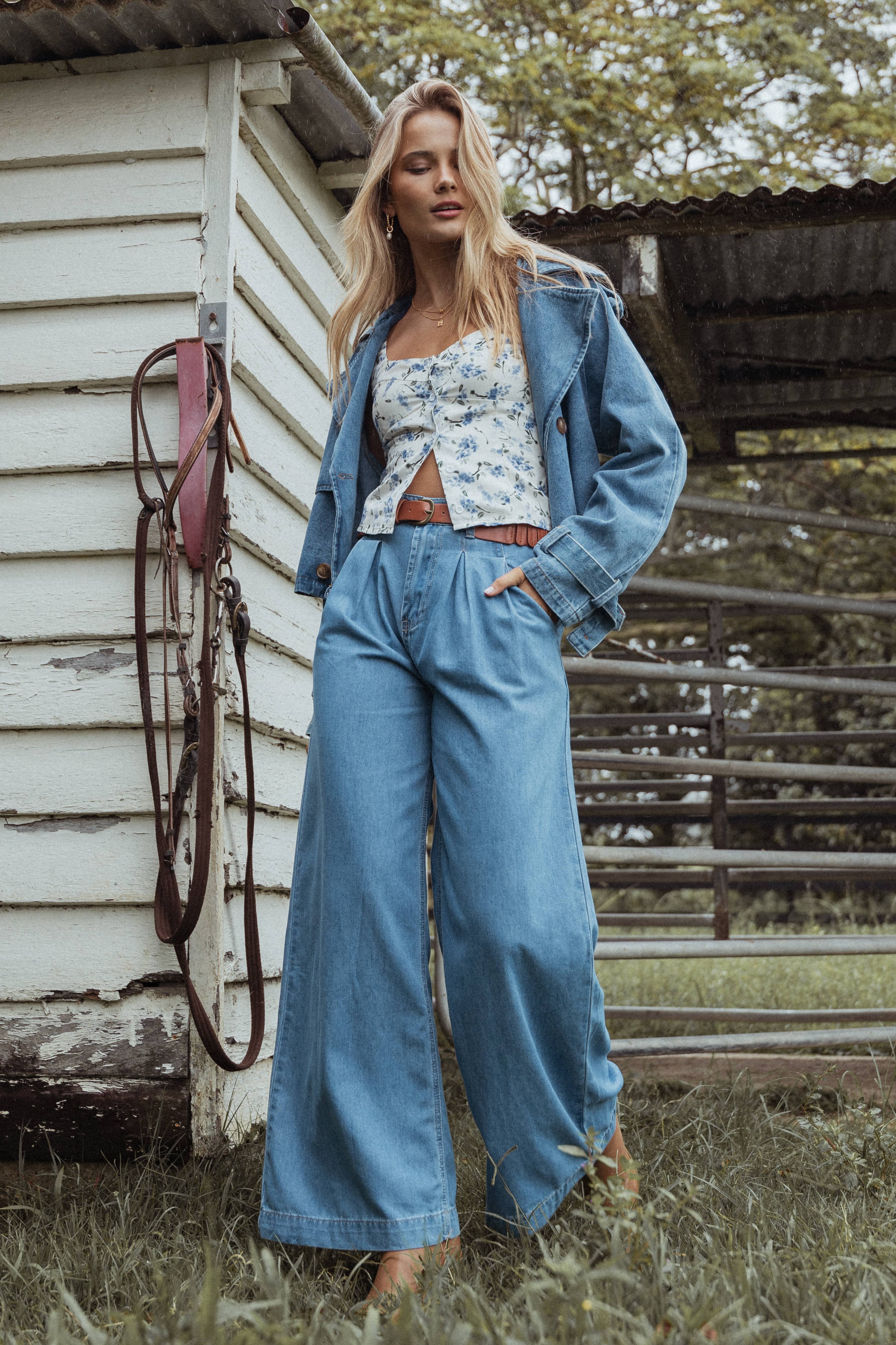 Rosalee Chambray Wide Leg Pant - Medium Denim | Petal & Pup USA