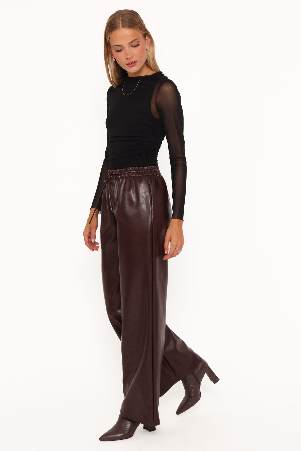 Petal and Pup USA BOTTOMS Saffron Vegan Leather Wide Leg Pant - Burgundy