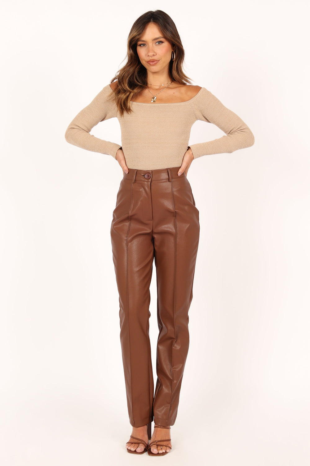 CHOCOLATE BROWN HIGH WAISTED FAUX LEATHER LEGGINGS