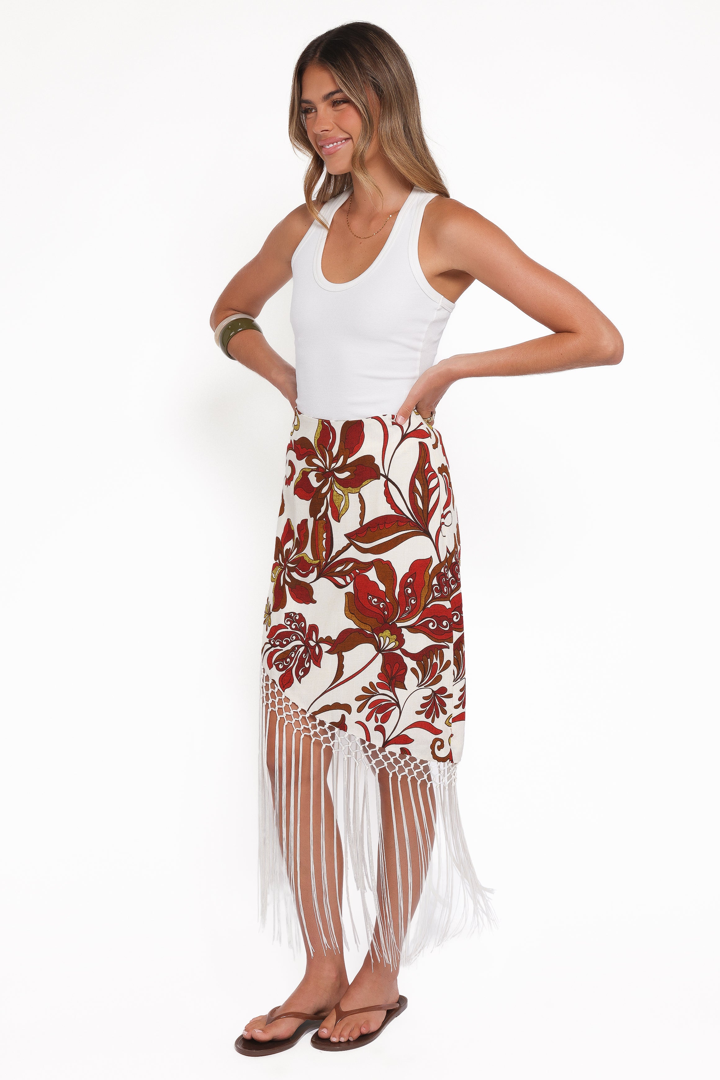 Petal and Pup USA BOTTOMS Shelby Midi Fringe Skirt - Brown Floral