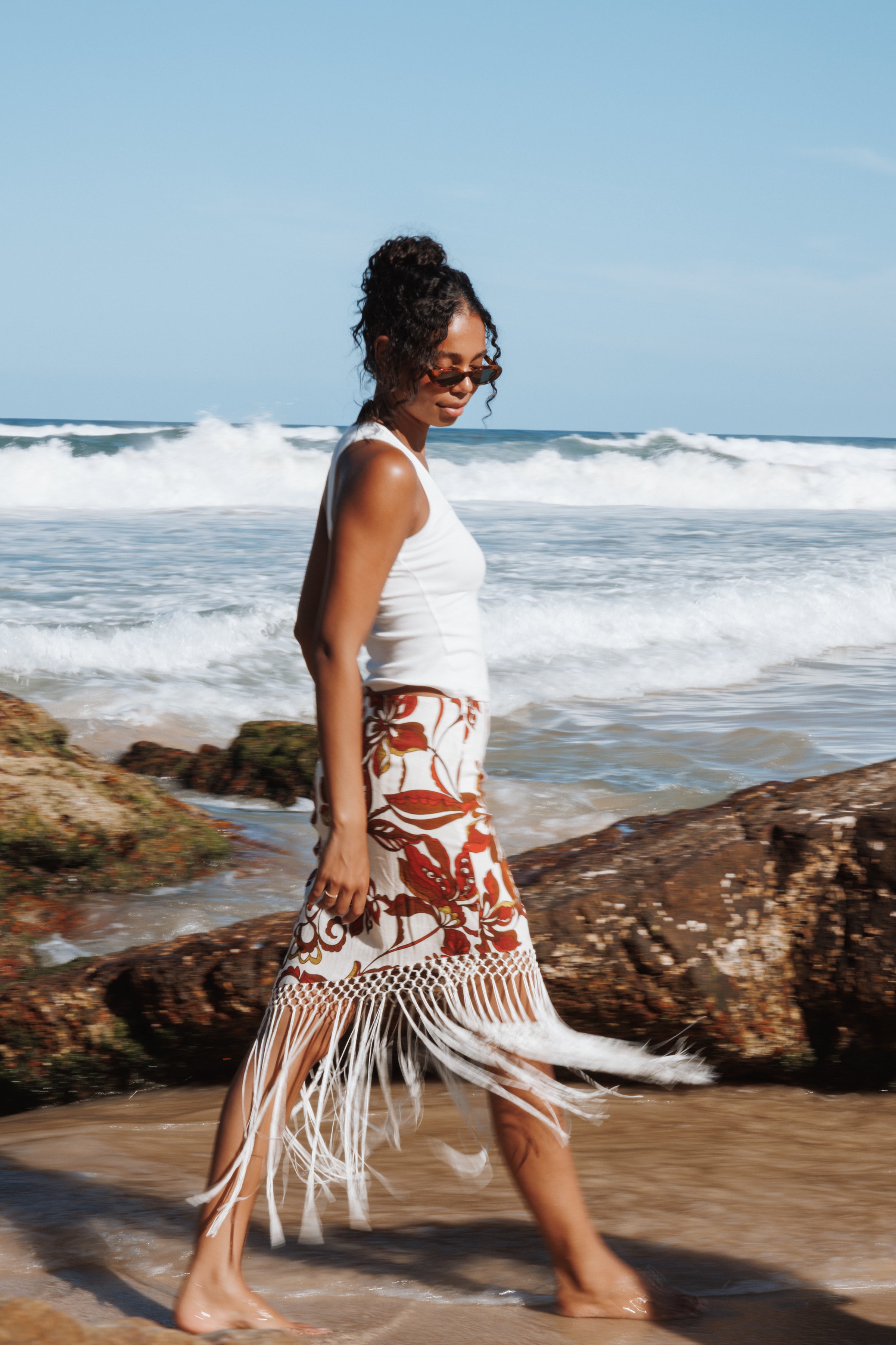 Petal and Pup USA BOTTOMS Shelby Midi Fringe Skirt - Brown Floral