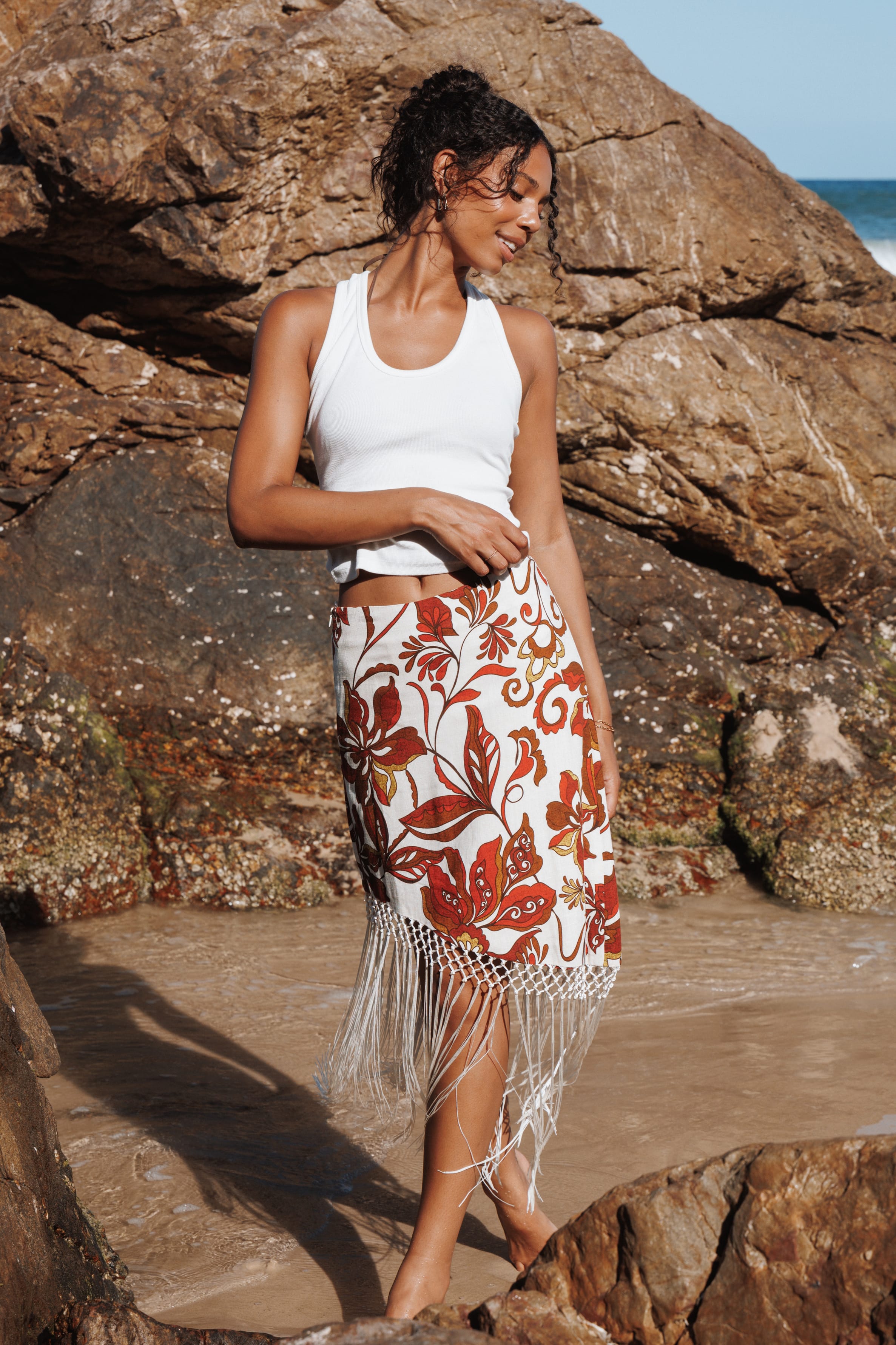 Shelby Midi Fringe Skirt - Brown Floral | Petal & Pup USA