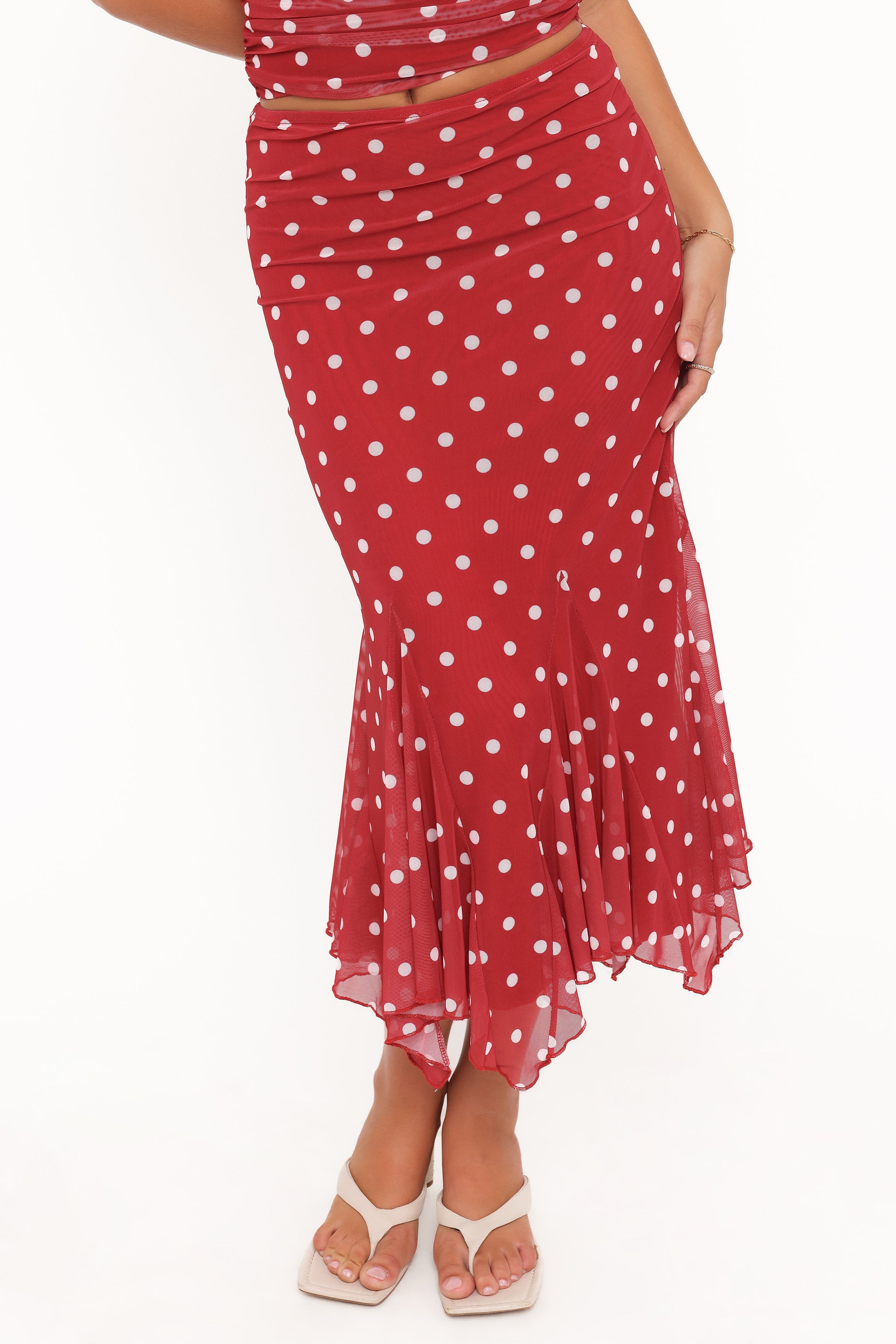 Petal and Pup USA BOTTOMS Tullia Mesh Midi Skirt - Red Polka Dot