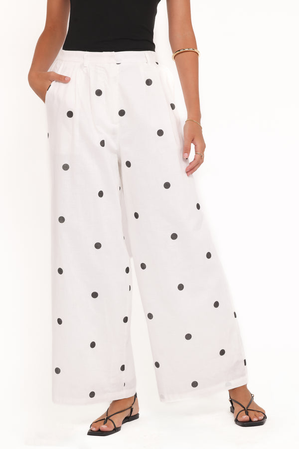 Petal and Pup USA BOTTOMS Valora Wide Leg Pant - White Black Polka Dot