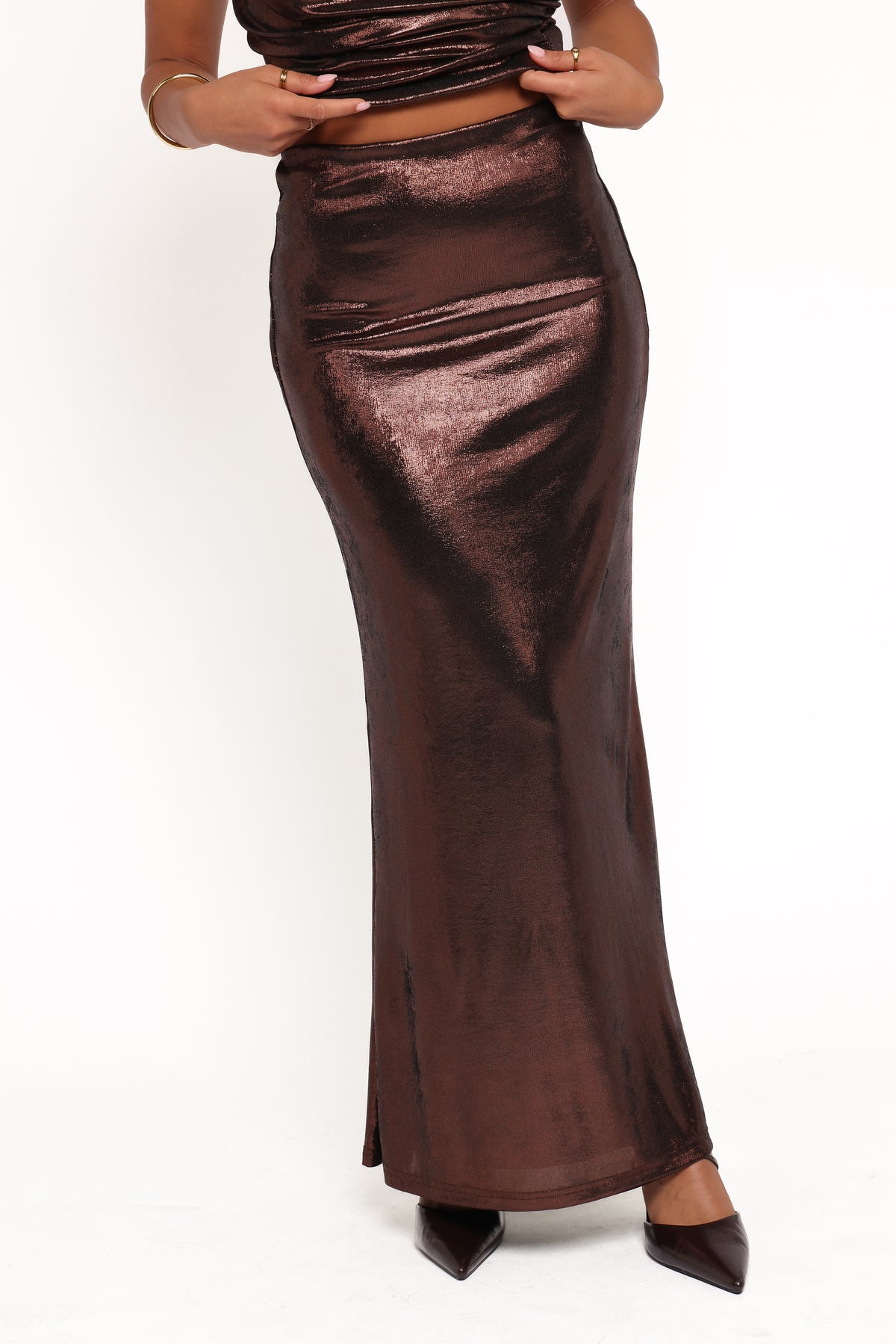 kaelynn metallic midi dress bronze Velman Metallic Maxi Skirt