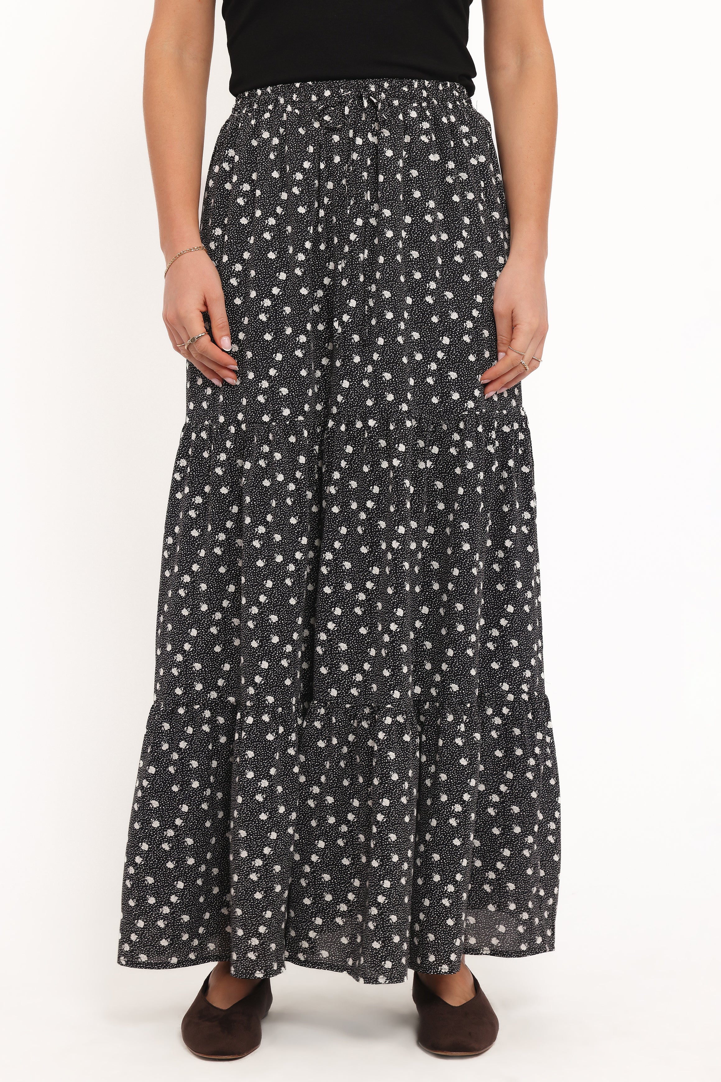 Petal and Pup USA BOTTOMS Vincent Tier Maxi Skirt - Black Floral