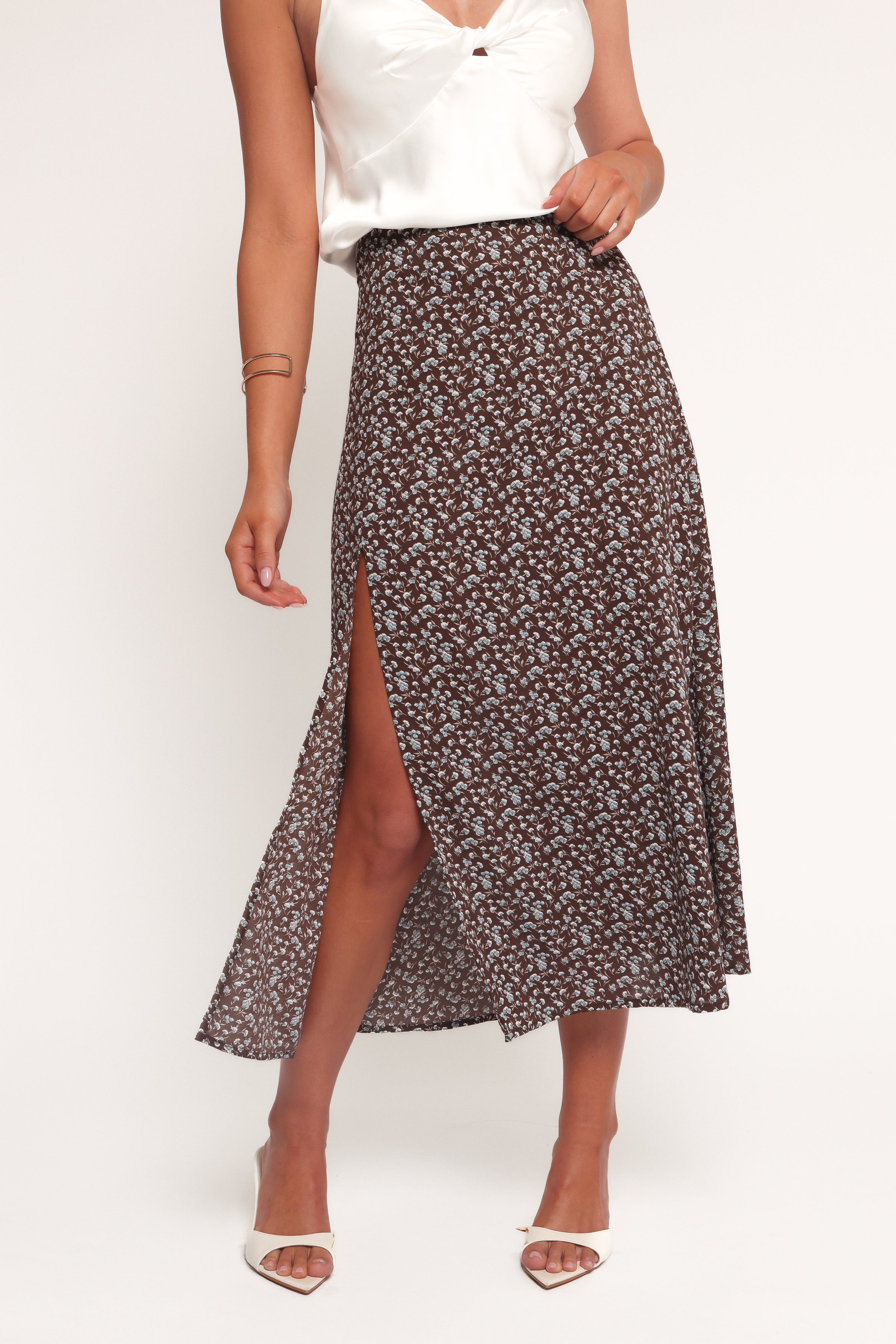 Petal and Pup USA BOTTOMS Willow Midi Skirt - Brown Blue Floral