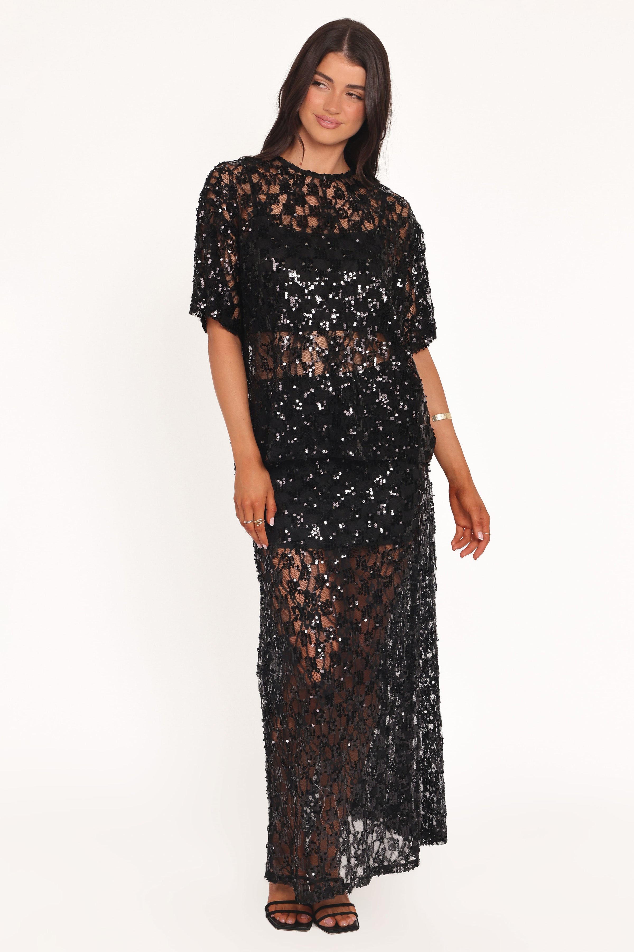 Petal and Pup USA BOTTOMS Yonder Sheer Panel Lace Maxi Skirt - Black