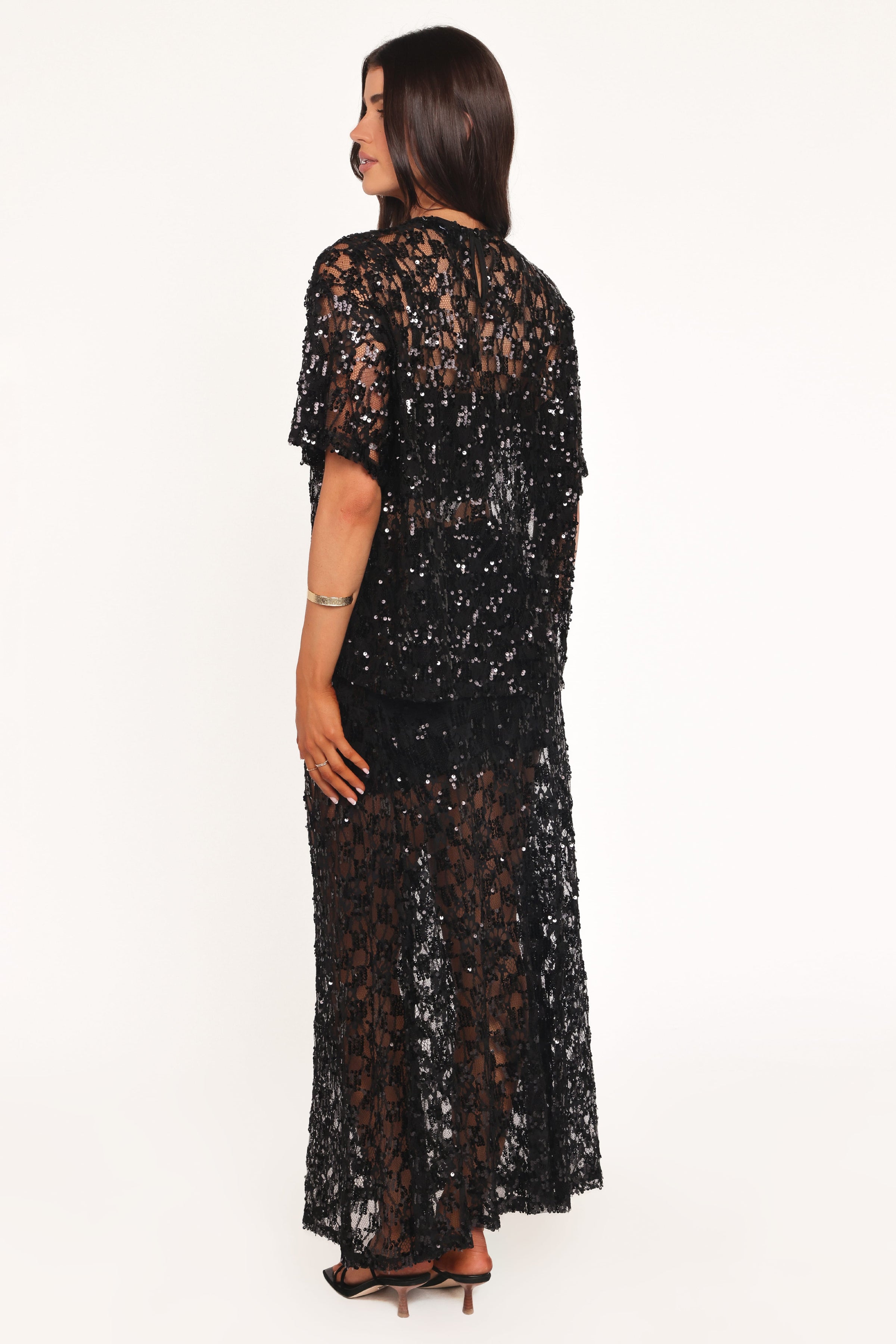 Petal and Pup USA BOTTOMS Yonder Sheer Panel Lace Maxi Skirt - Black