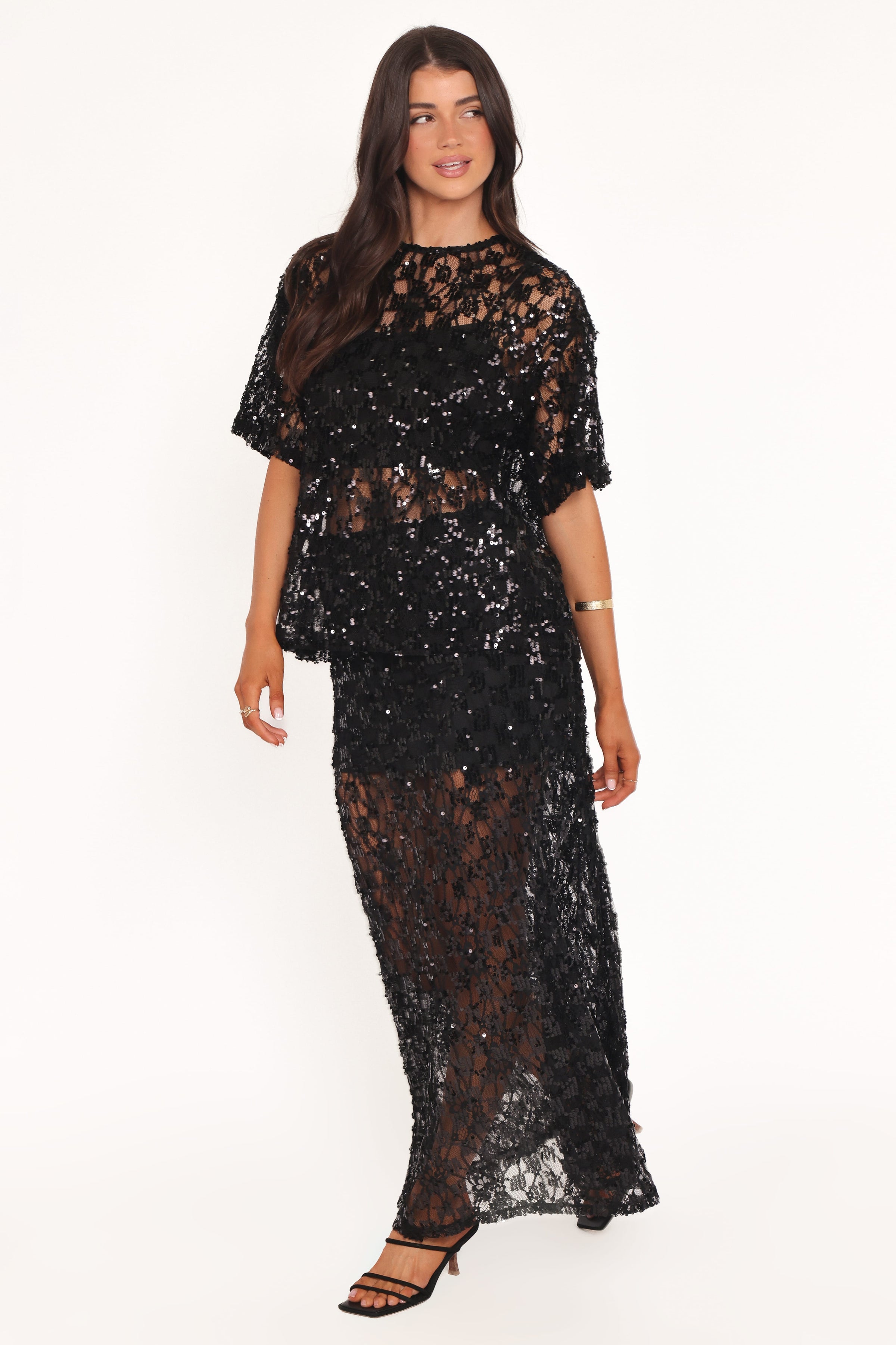 Petal and Pup USA BOTTOMS Yonder Sheer Panel Lace Maxi Skirt - Black