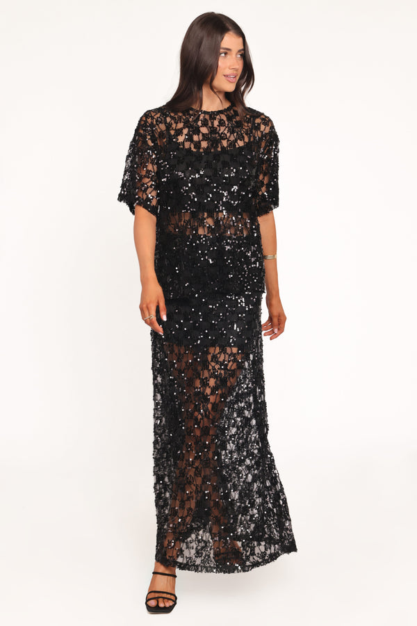 Petal and Pup USA BOTTOMS Yonder Sheer Panel Lace Maxi Skirt - Black