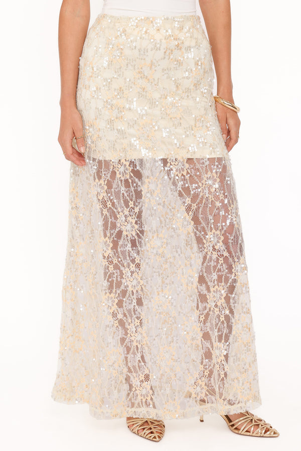 Petal and Pup USA BOTTOMS Yonder Sheer Panel Lace Maxi Skirt - Pale Yellow