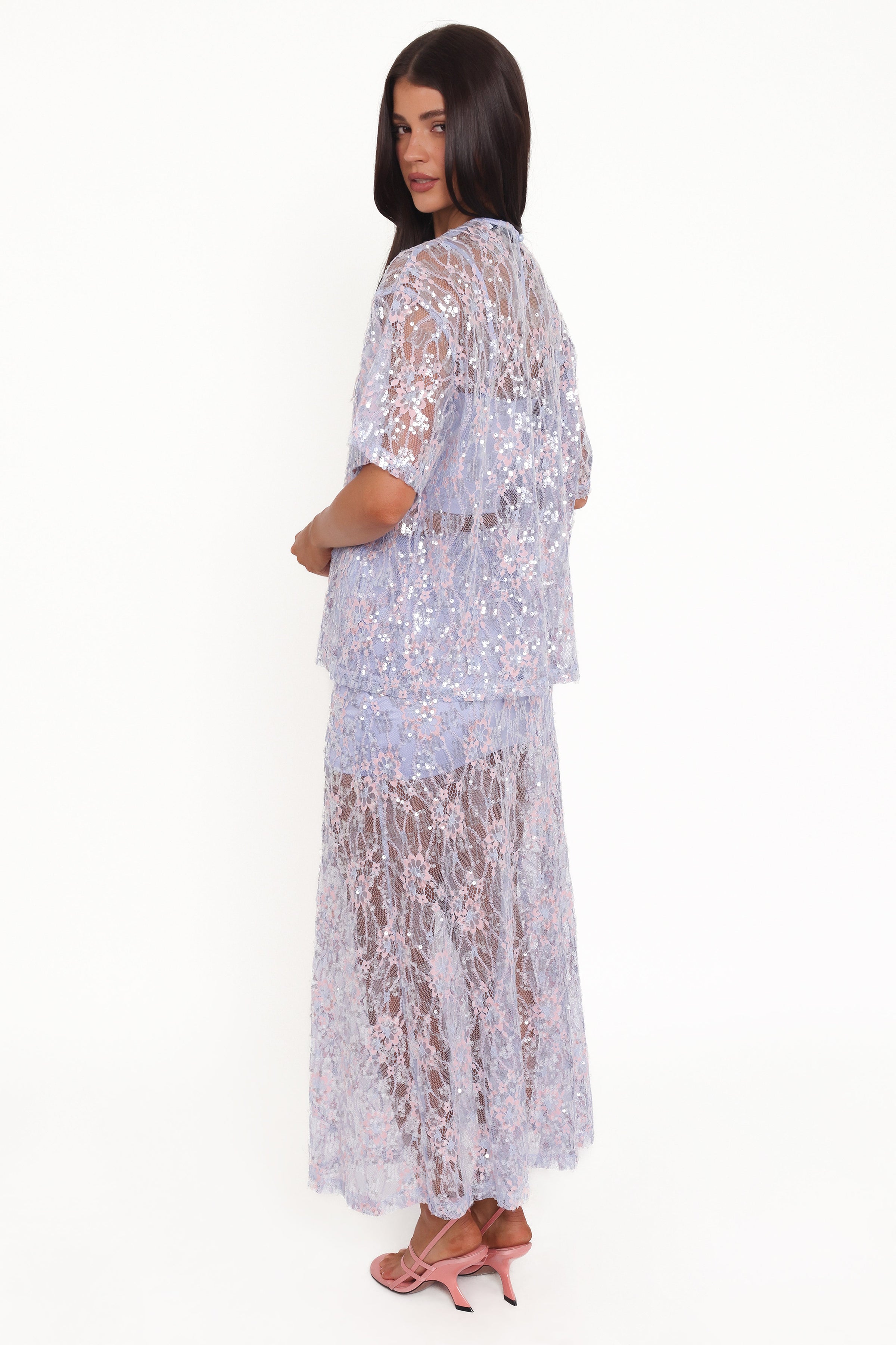Petal and Pup USA BOTTOMS Yonder Sheer Panel Lace Maxi Skirt - Purple