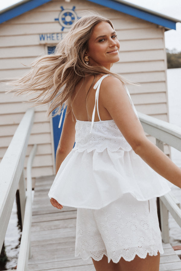 Petal and Pup USA BOTTOMS Zera Eyelet Scallop Shorts - White