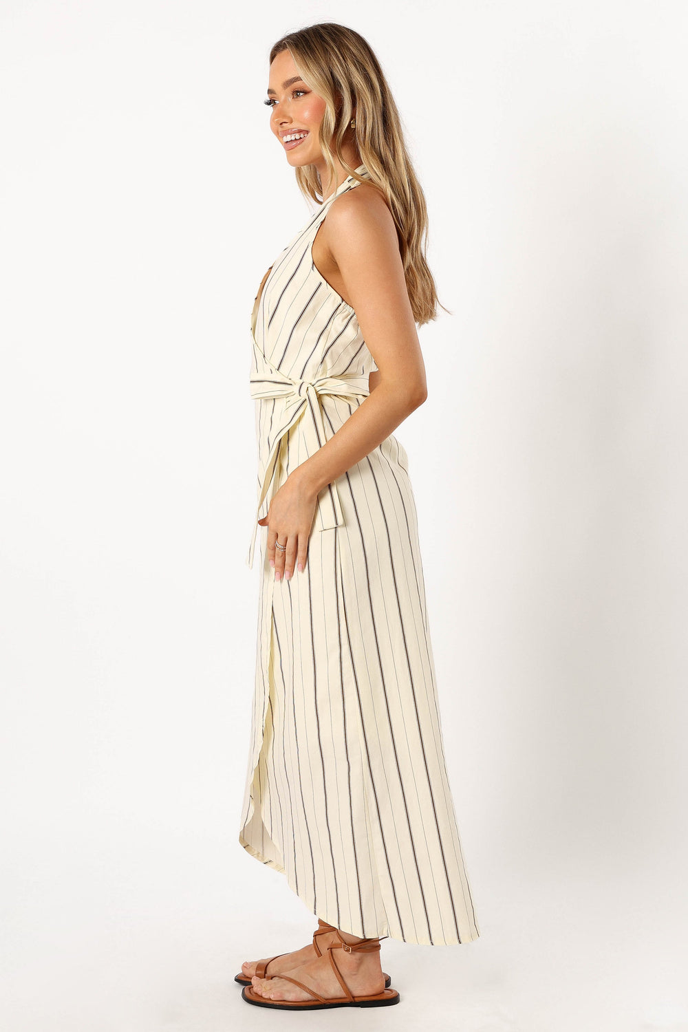 Petal and Pup USA DRESSES Abigail Wrap Midi Dress - Beige Stripe