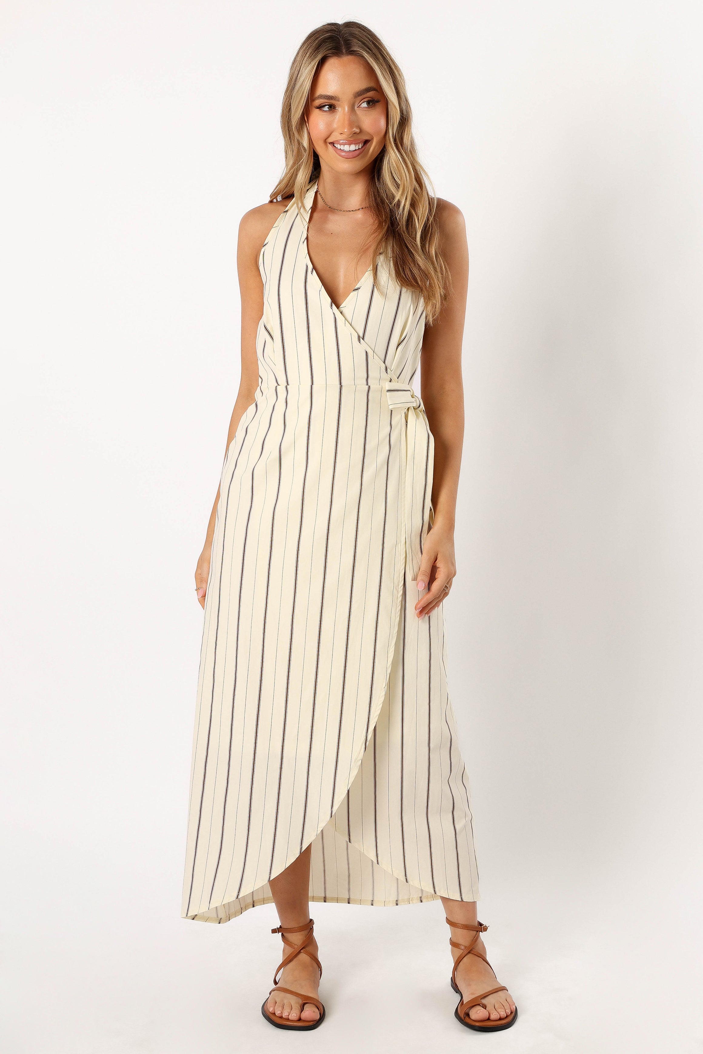 Petal and Pup USA DRESSES Abigail Wrap Midi Dress - Beige Stripe