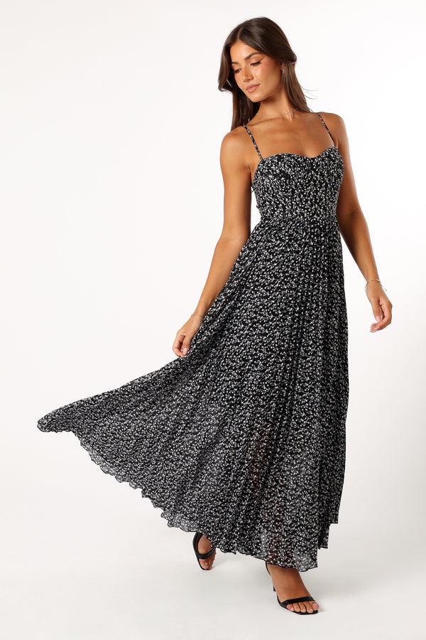 Petal and Pup USA DRESSES Achanti Pleated Maxi Dress - Black Floral